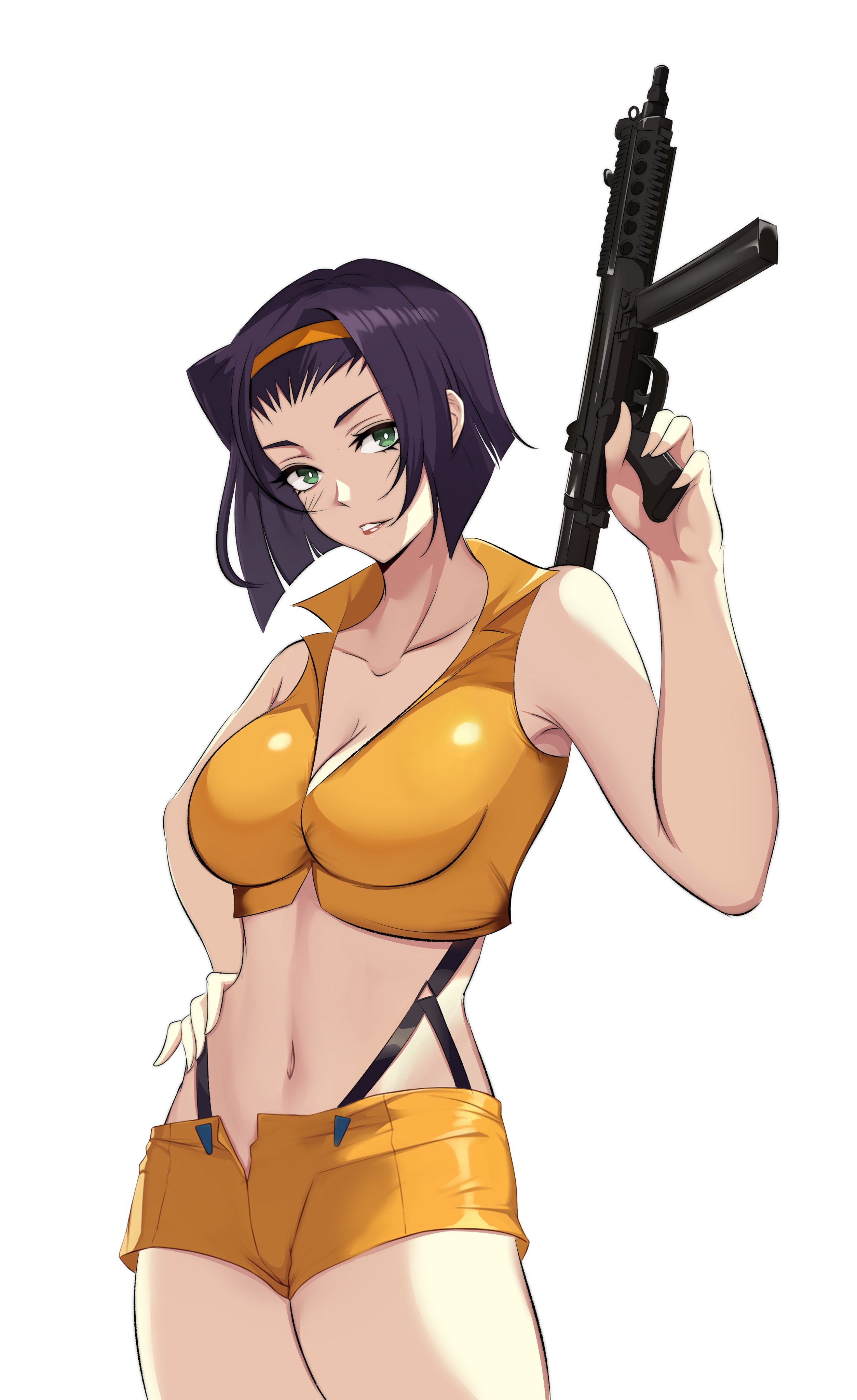 zuyu (zuyuzuyu6), faye valentine, cowboy bebop, absurdres, commission, highres, 1girl, breasts, cleavage, cowboy shot, crop top, green eyes, gun, large breasts, looking at viewer, machine gun, midriff, navel, parted lips, purple hair, shirt, short hair, shorts, simple background, solo, stomach, suspender shorts, suspenders, weapon, white background, yellow shirt, yellow shorts