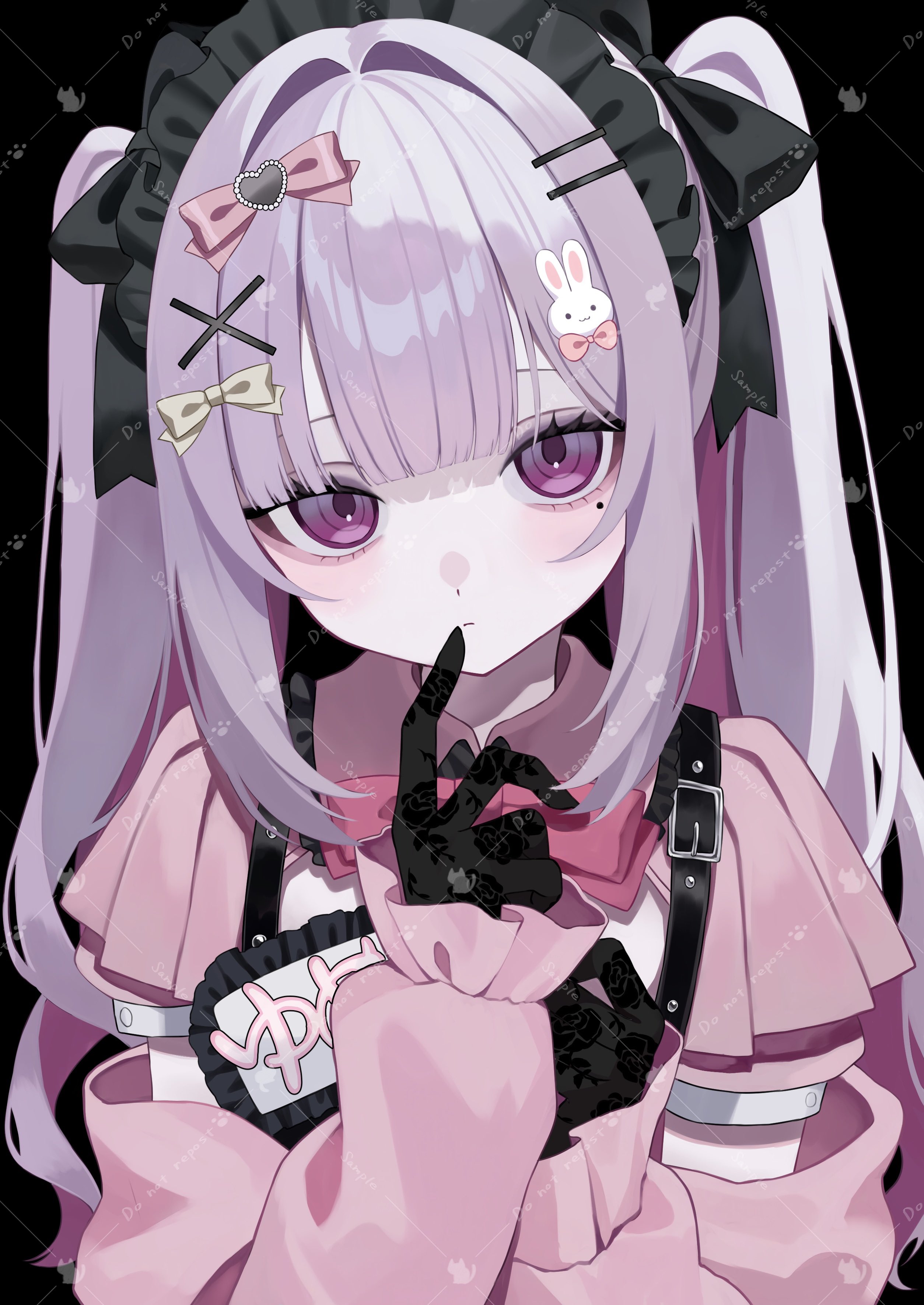 squallea, original, absurdres, commission, highres, skeb commission, 1girl, black background, black gloves, bow, frills, gloves, hair bow, hair ornament, heart, jirai kei, long hair, looking at viewer, mole, mole under eye, pink shirt, purple eyes, purple hair, rabbit hair ornament, sample watermark, shirt, solo, twintails, watermark, x hair ornament