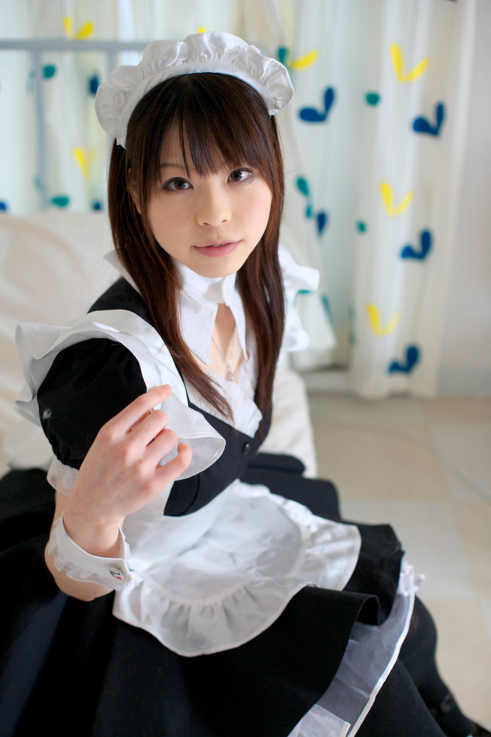 katou mari, highres, photo (medium), apron, cosplay, maid, maid apron, thighhighs