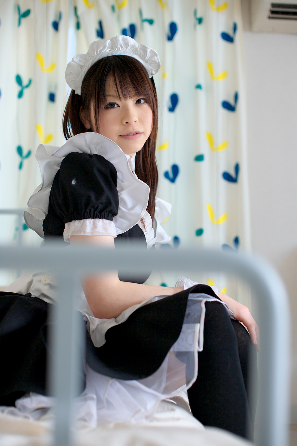 katou mari, highres, photo (medium), apron, cosplay, maid, maid apron, thighhighs