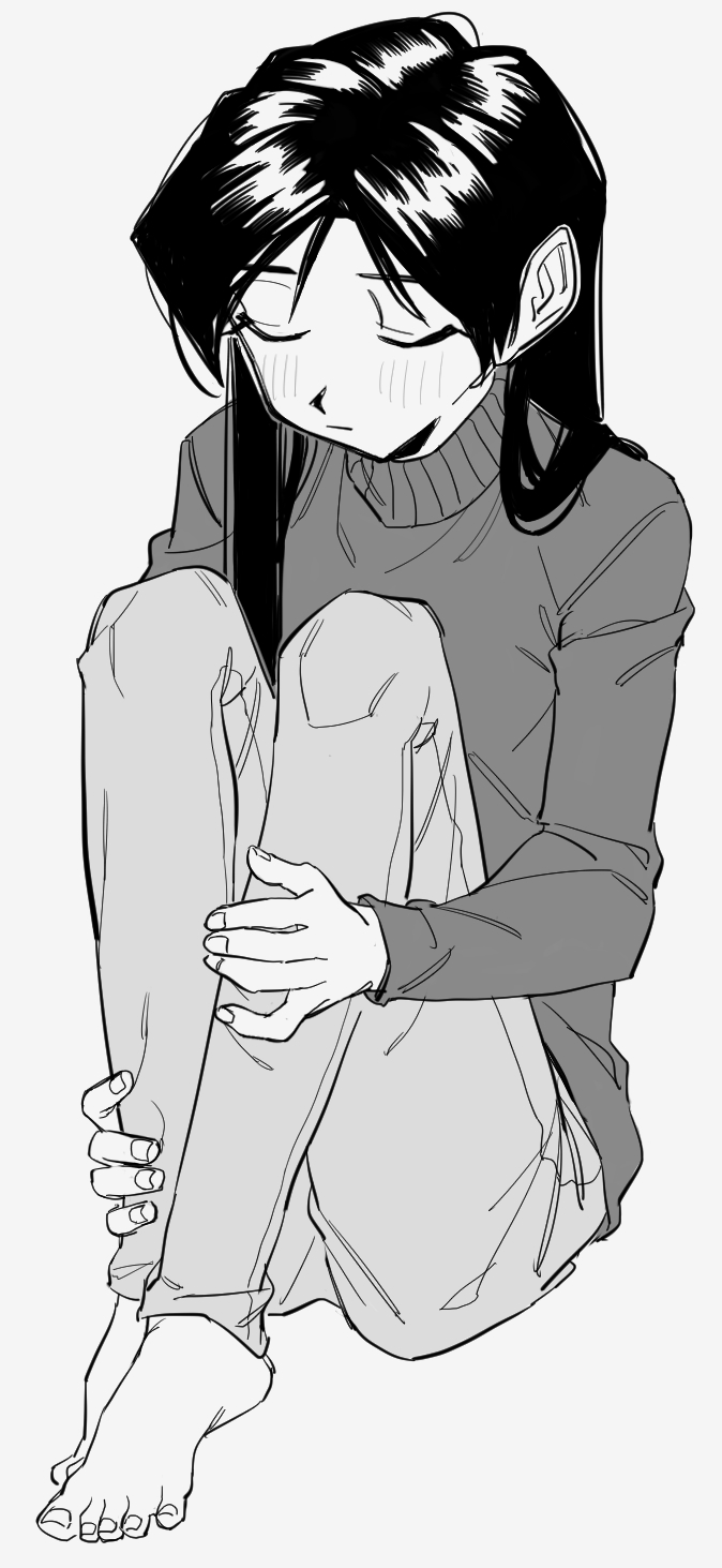 roivas, kisaragi chihaya, idolmaster, idolmaster (classic), highres, 1girl, barefoot, closed eyes, closed mouth, feet, full body, greyscale, knees up, long hair, long sleeves, monochrome, pants, simple background, sitting, solo, sweater, toes, turtleneck, turtleneck sweater, white background