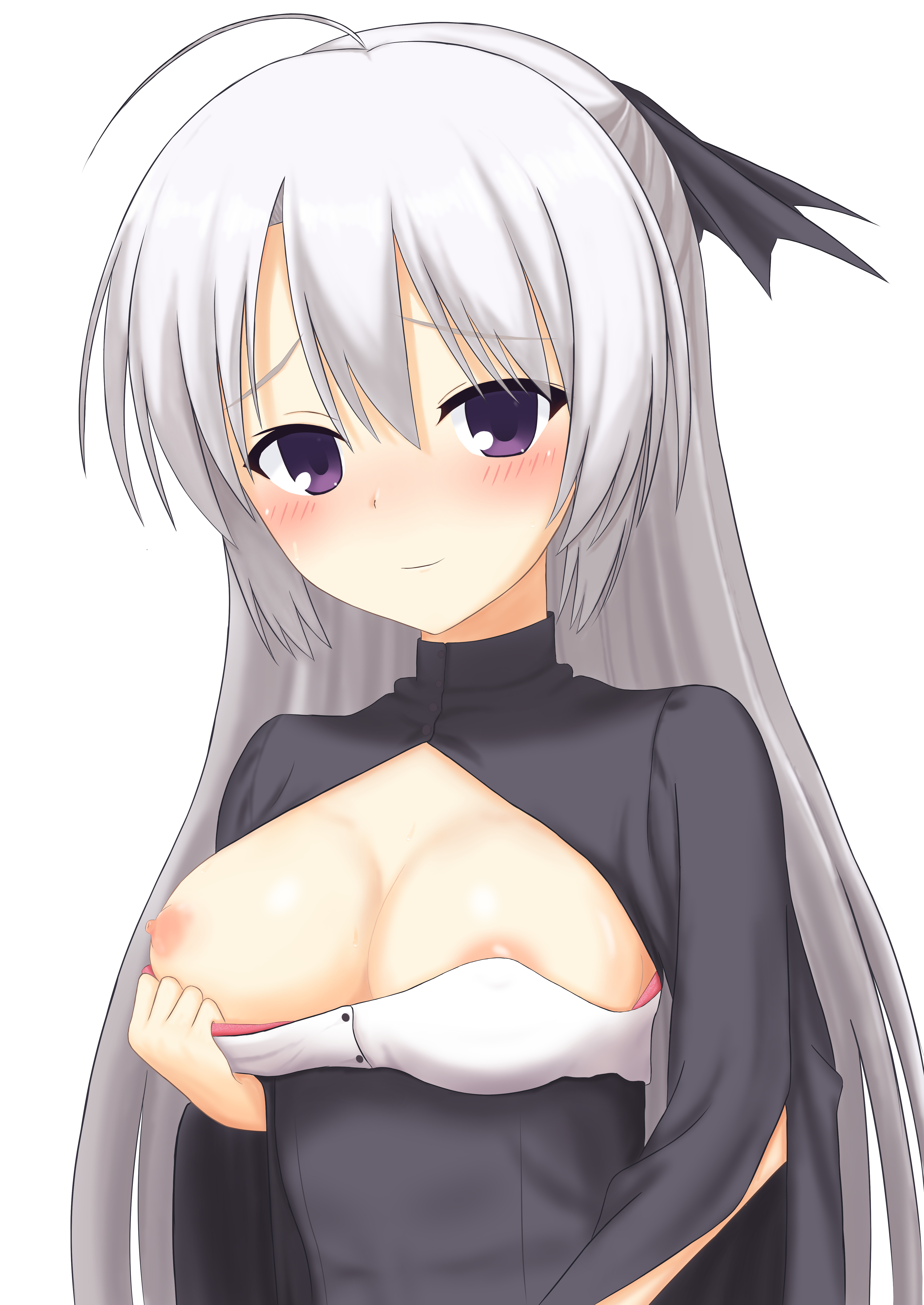 maruchicken20, ayachi nene, sanoba witch, absurdres, commentary request, highres, 1girl, ahoge, black dress, black ribbon, blush, breasts, cleavage, cleavage cutout, closed mouth, clothes pull, clothing cutout, dress, dress pull, furrowed brow, grey hair, hair between eyes, hair ribbon, halloween costume, hand up, large breasts, long hair, long sleeves, looking at viewer, nipples, no bra, official alternate costume, one breast out, pulling own clothes, purple eyes, ribbon, sidelocks, simple background, smile, solo, straight hair, upper body, very long hair, white background, wide sleeves