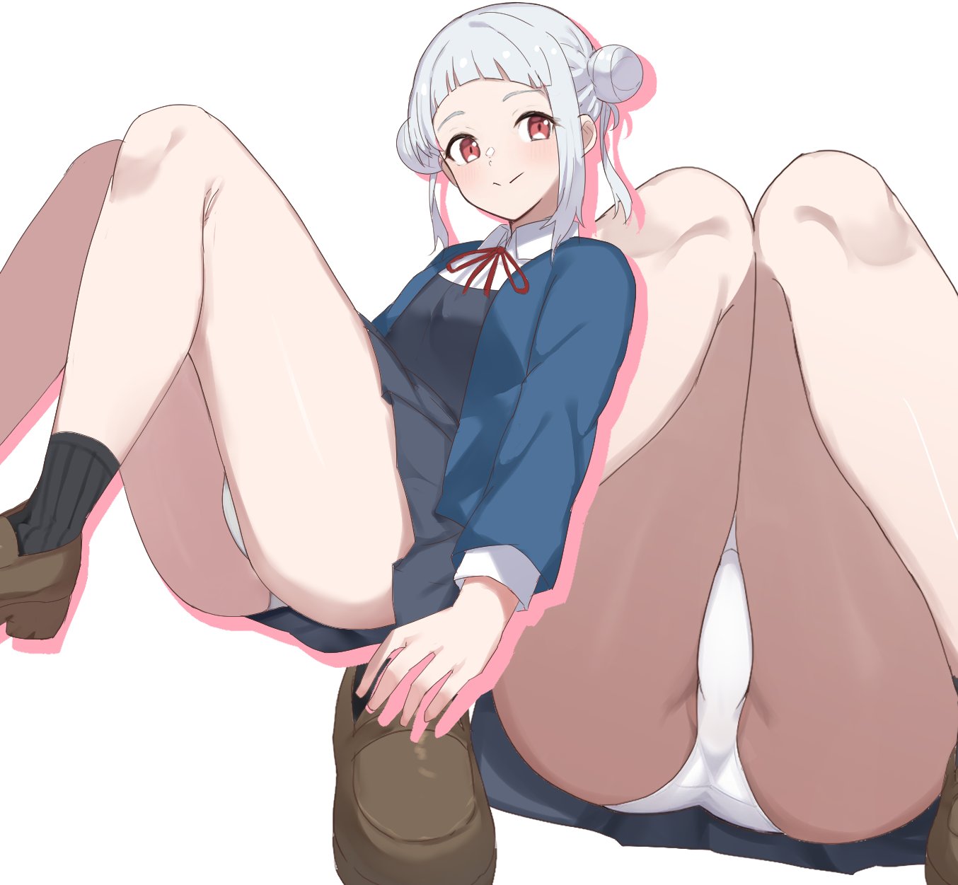 soyo1558686, arashi chisato, love live!, love live! superstar!!, commentary, highres, 1girl, ass, black socks, blue jacket, brown shoes, closed mouth, collared shirt, double bun, dress, dress shirt, drop shadow, grey dress, grey hair, hair bun, jacket, loafers, mtu virus, multiple views, neck ribbon, open clothes, open jacket, panties, pantyshot, pinafore dress, red eyes, red ribbon, ribbed socks, ribbon, school uniform, shirt, shoes, short hair, sidelocks, simple background, sleeveless, sleeveless dress, smile, socks, split mouth, twintails, underwear, upskirt, white background, white panties, white shirt, yuigaoka school uniform