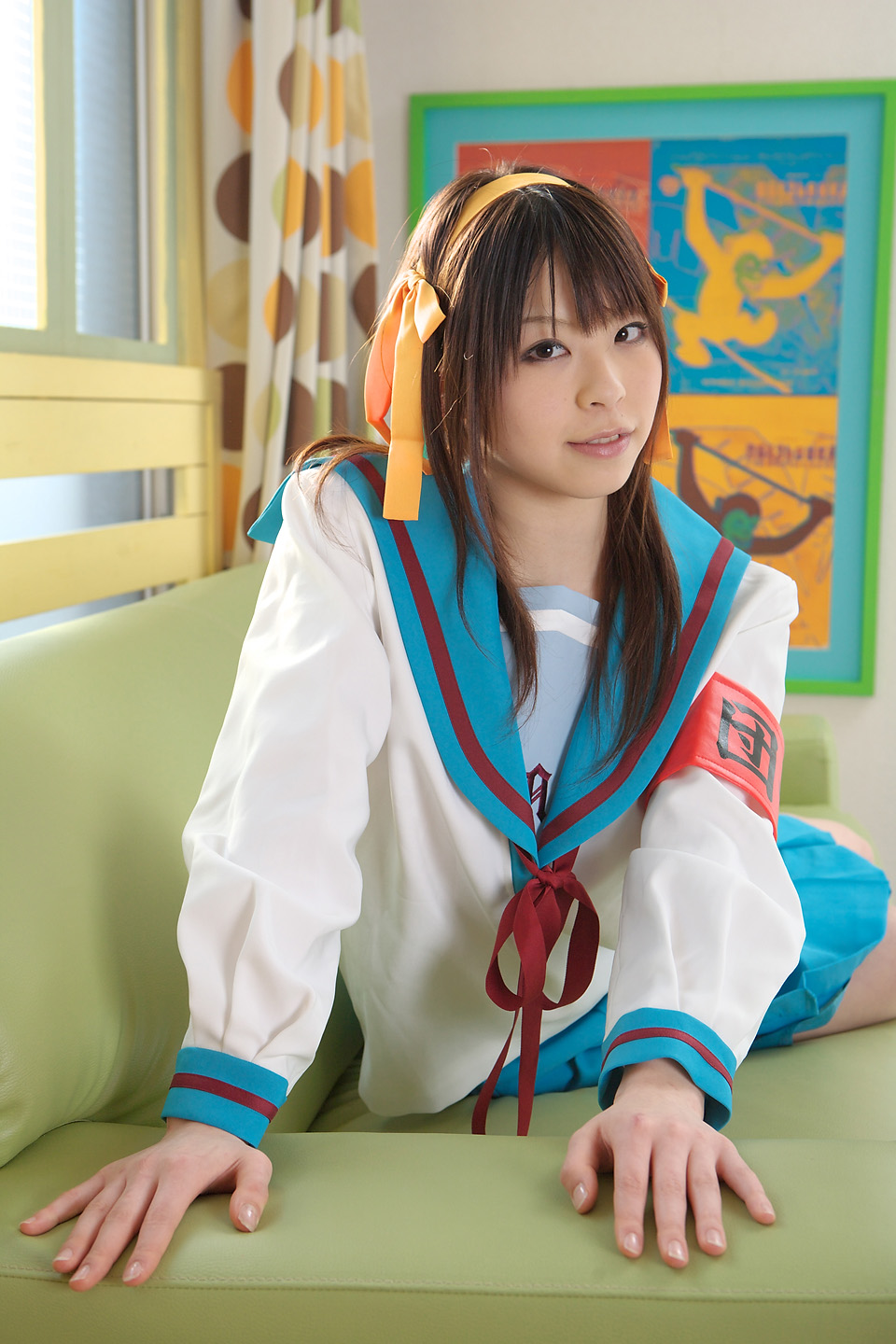katou mari, suzumiya haruhi, suzumiya haruhi no yuuutsu, highres, photo (medium), armband, cosplay, sailor, school uniform, serafuku