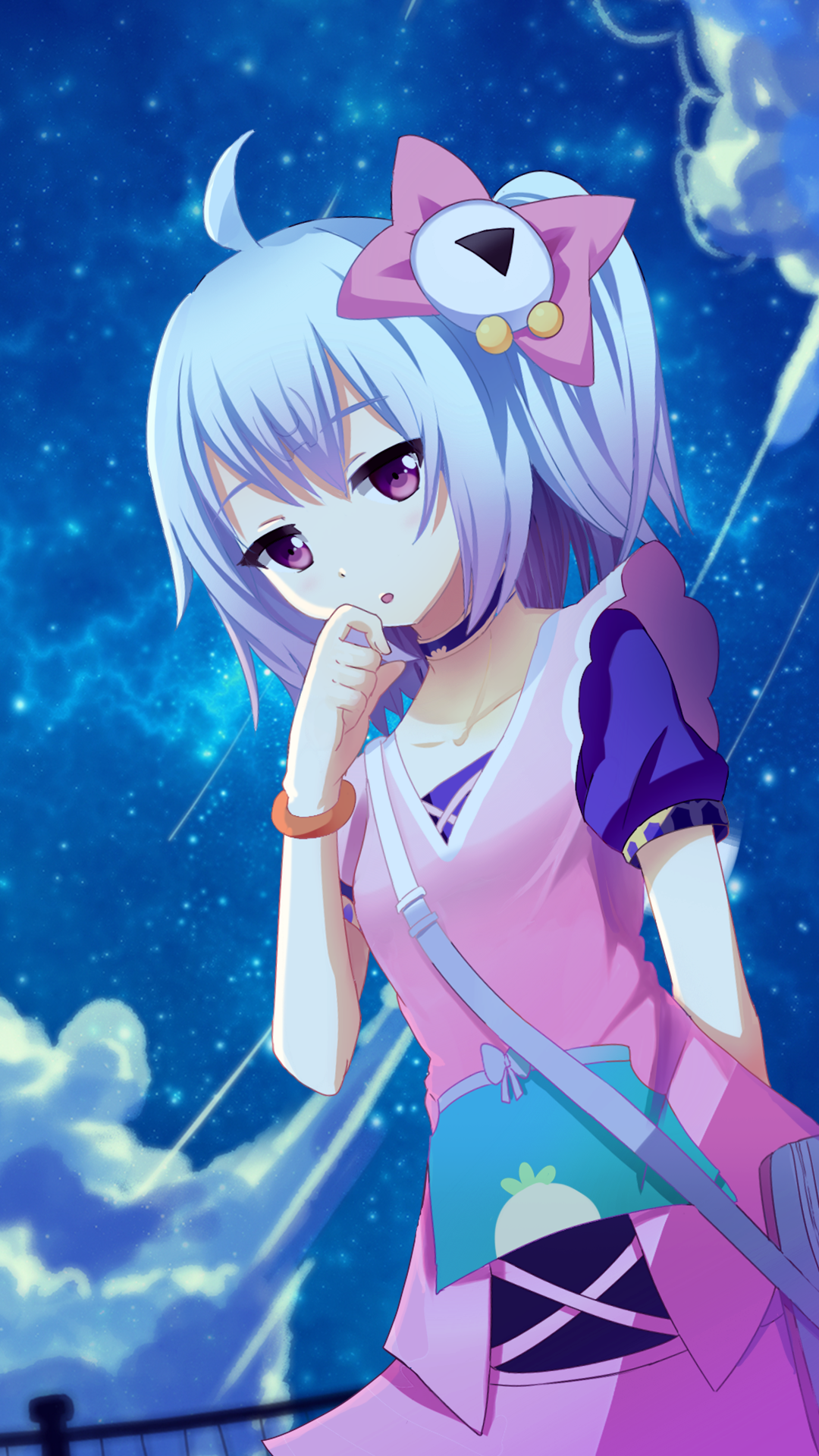 siji (szh5522), bili girl 33, bilibili, highres, 1girl, ahoge, bag, bow, bracelet, choker, cloud, cross-laced clothes, cross-laced dress, dress, expressionless, fence, hair bow, hair ornament, hand to own mouth, jewelry, night, night sky, outdoors, pink dress, puffy sleeves, shooting star, short hair, shoulder bag, sky, solo, star (sky), white hair