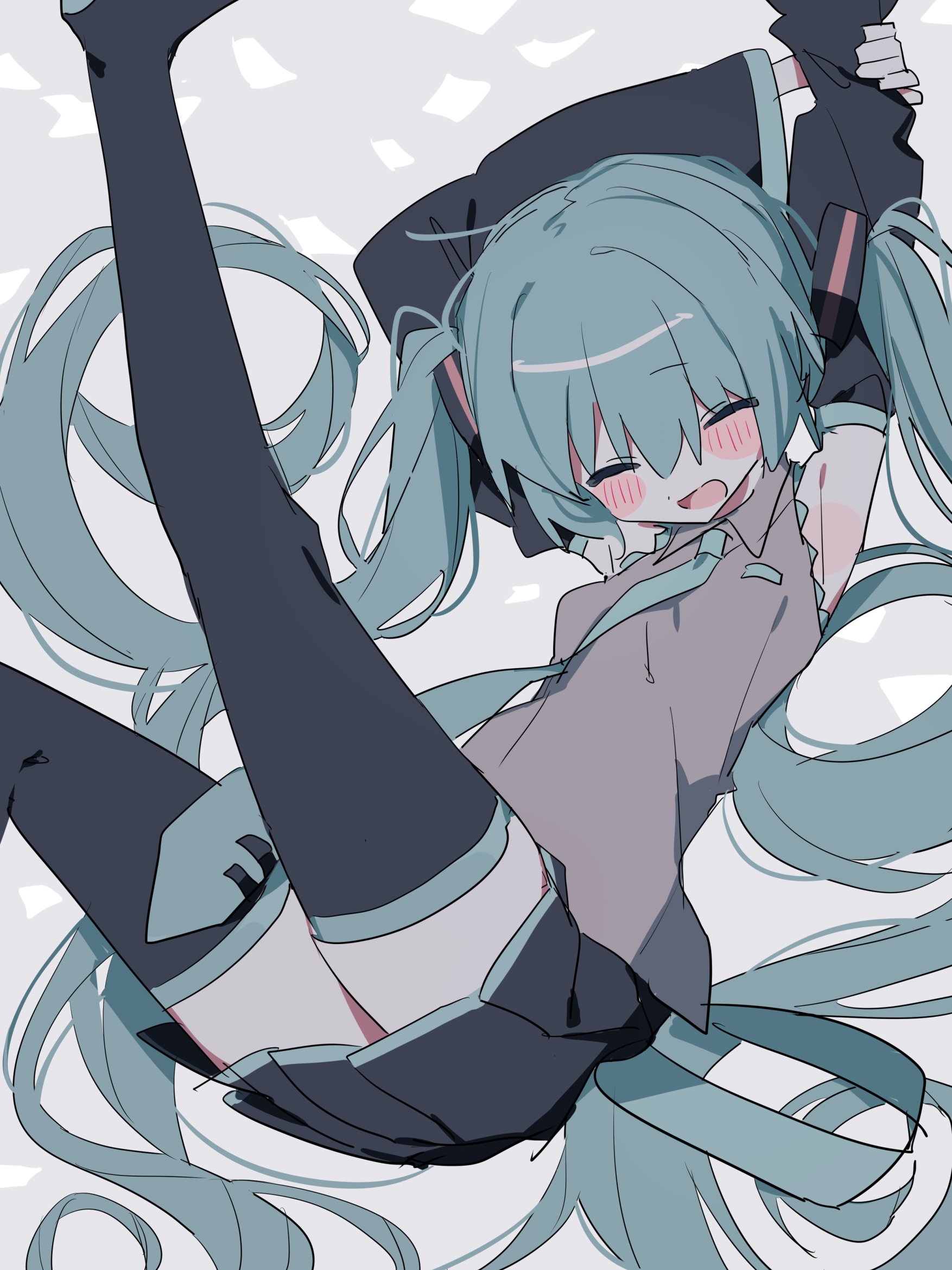 ameno (motiizamurai), hatsune miku, vocaloid, highres, 1girl, aqua hair, aqua necktie, armpits, arms behind head, arms up, black skirt, black sleeves, black thighhighs, blush, blush stickers, closed eyes, collared shirt, detached sleeves, grey shirt, long hair, necktie, open mouth, pleated skirt, shirt, simple background, skirt, sleeveless, sleeveless shirt, smile, solo, thighhighs, tie clip, twintails, very long hair