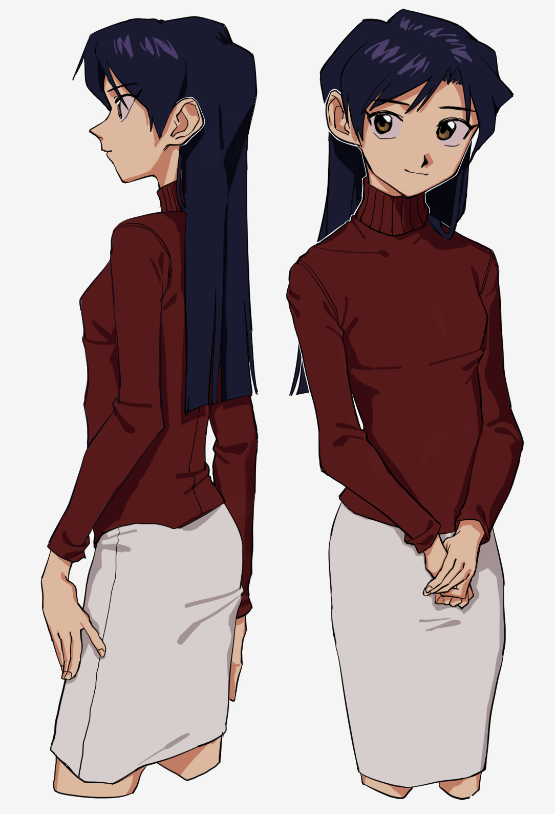 roivas, kisaragi chihaya, idolmaster, idolmaster (classic), idolmaster 1, highres, 1girl, blue hair, brown eyes, cropped legs, long hair, long sleeves, medium skirt, multiple views, own hands together, pencil skirt, profile, simple background, skirt, smile, sweater, turnaround, turtleneck, turtleneck sweater, white background, white skirt