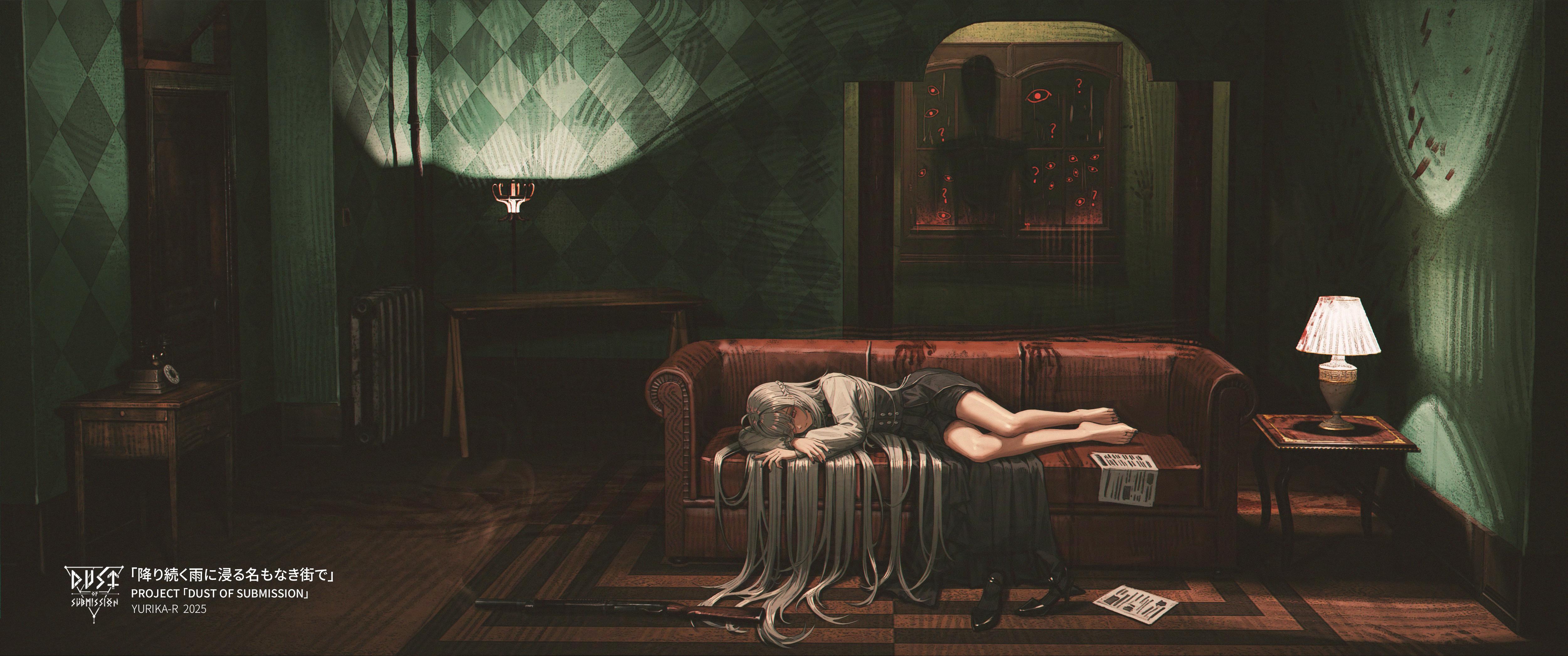 yurika-r, original, absurdres, commentary request, highres, 1girl, ?, antique phone, arm up, barefoot, black shoes, black shorts, blood, blood splatter, brown eyes, carpet, closed mouth, couch, desk lamp, door, grey hair, gun, hand up, high-waist shorts, high heels, horror (theme), indoors, lamp, long hair, long sleeves, lying, on couch, on side, phone, puffy long sleeves, puffy sleeves, radiator, rotary phone, shadow, shirt, shoes, shorts, shotgun, solo, unworn shoes, very long hair, weapon, white shirt, window