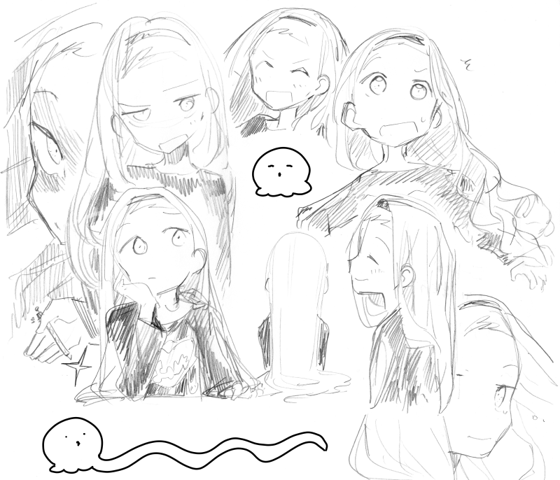 kirarazaka marina, takopii, takopii no genzai, official art, 1girl, ^3^, black shirt, blonde hair, from behind, hairband, hand on own cheek, hand on own face, headband, long hair, menacing, monochrome, octopus, pen, shirt, smile, surprised, taizan5, white background