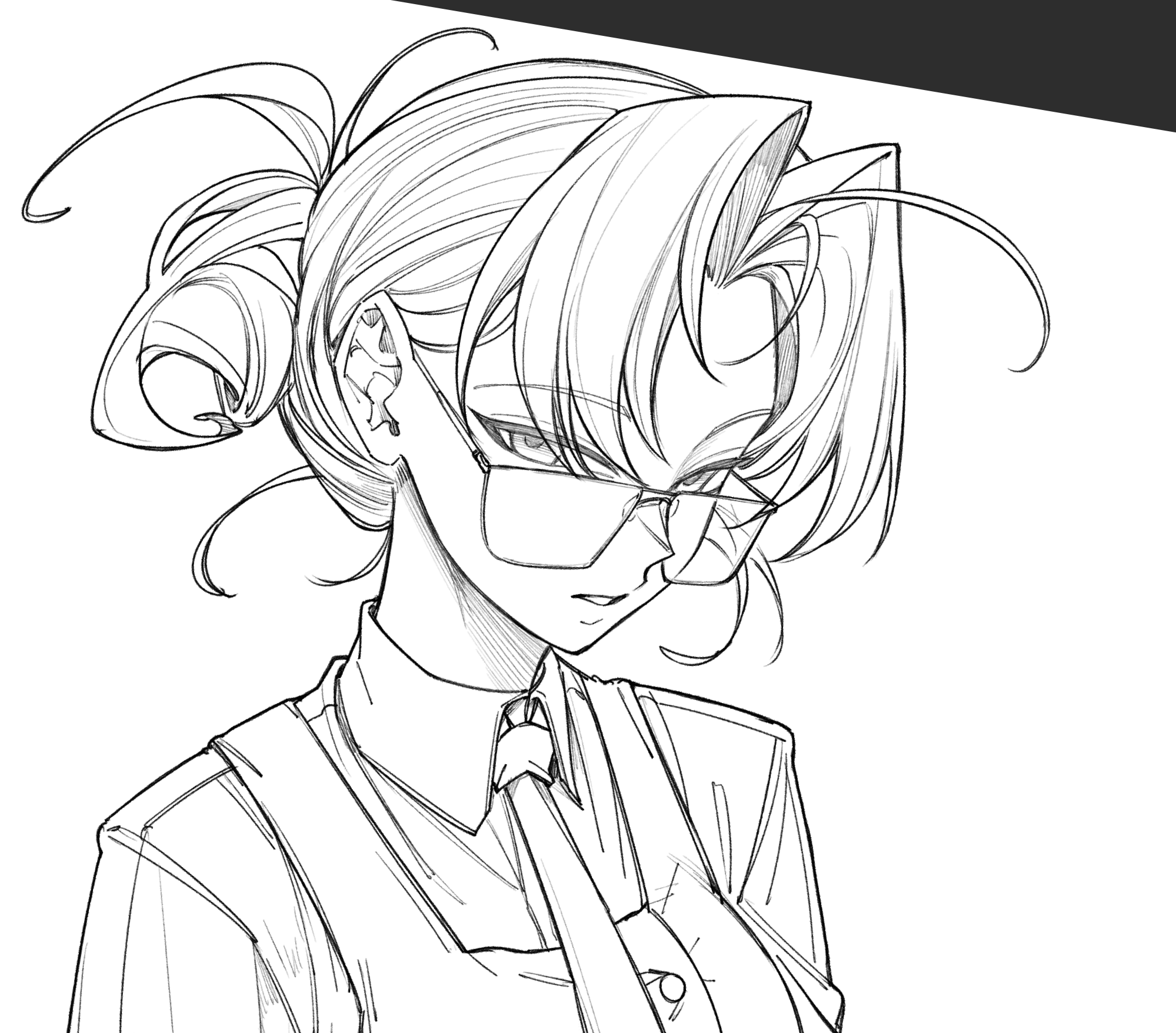 senukin, original, commentary, english commentary, highres, 1girl, breasts, collared shirt, curtained hair, glasses, greyscale, looking at viewer, monochrome, necktie, parted lips, shirt, short hair, simple background, sketch, solo, upper body, vest, white background