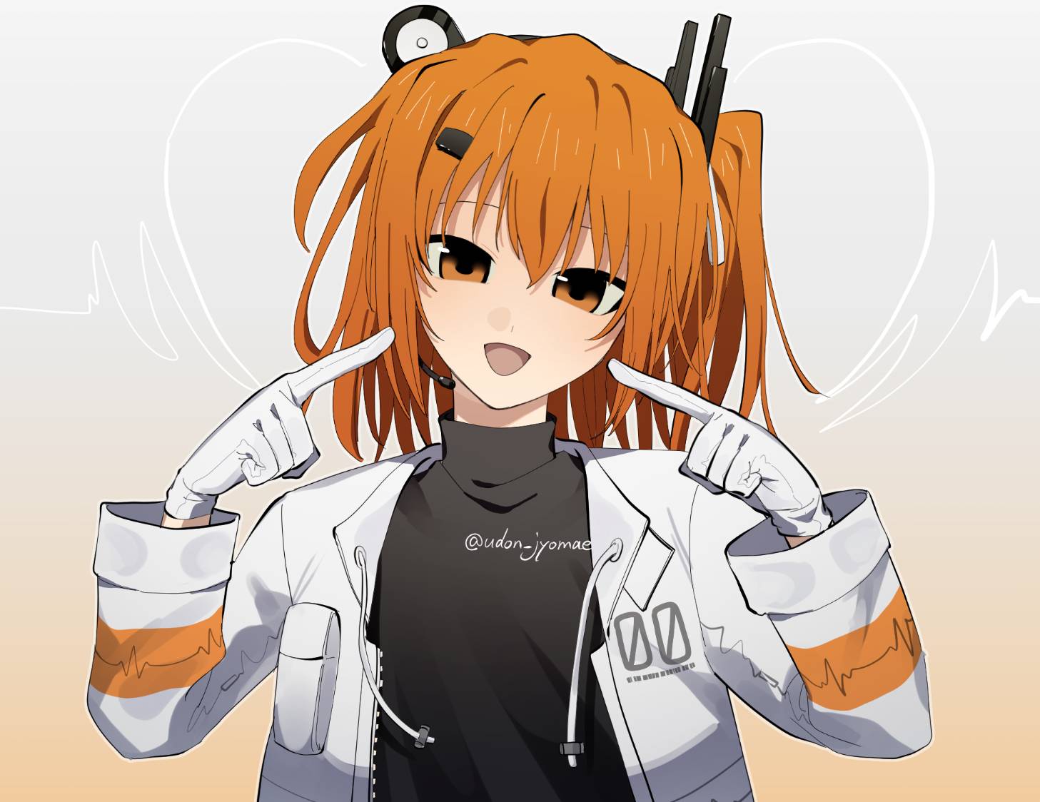 adachi rei, a.i. voice, utau, 1girl, black shirt, cardiogram, gloves, gradient background, hair ornament, hair ribbon, hairclip, head tilt, headlamp, headset, jacket, long sleeves, looking at viewer, medium hair, one side up, open clothes, open jacket, orange eyes, orange hair, pointing, pointing at self, ribbon, shirt, simple background, solo, turtleneck, turtleneck shirt, twitter username, udon jyomae, white gloves, white jacket, white ribbon