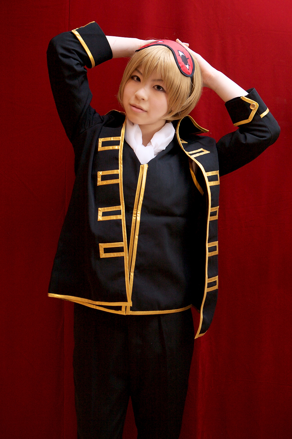 katou mari, okita sougo, gintama, highres, photo (medium), blonde hair, cosplay, eye mask
