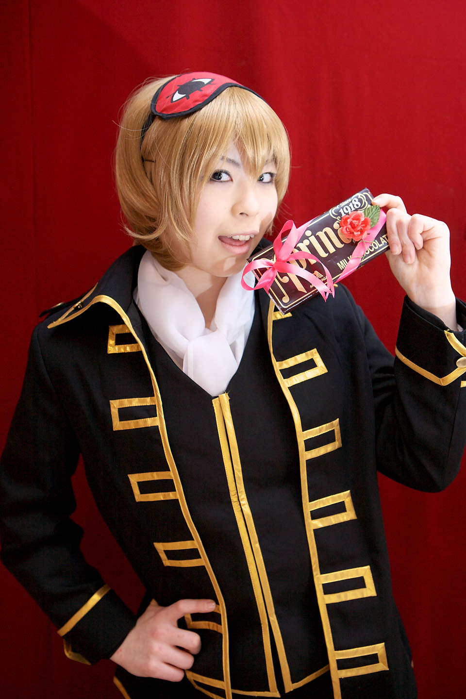 katou mari, okita sougo, gintama, highres, photo (medium), blonde hair, candy, candy bar, cosplay, eye mask, food