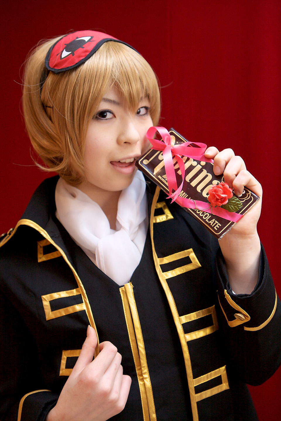 katou mari, okita sougo, gintama, highres, photo (medium), blonde hair, candy, candy bar, cosplay, eye mask, food