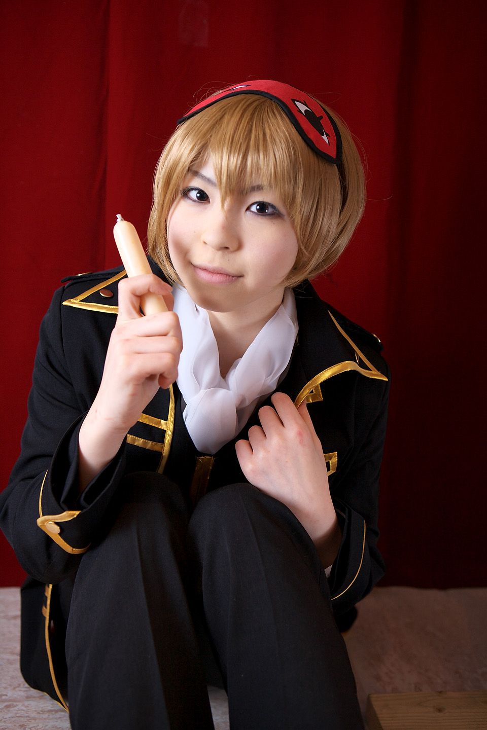 katou mari, okita sougo, gintama, highres, photo (medium), blonde hair, cosplay, eye mask, food, sausage