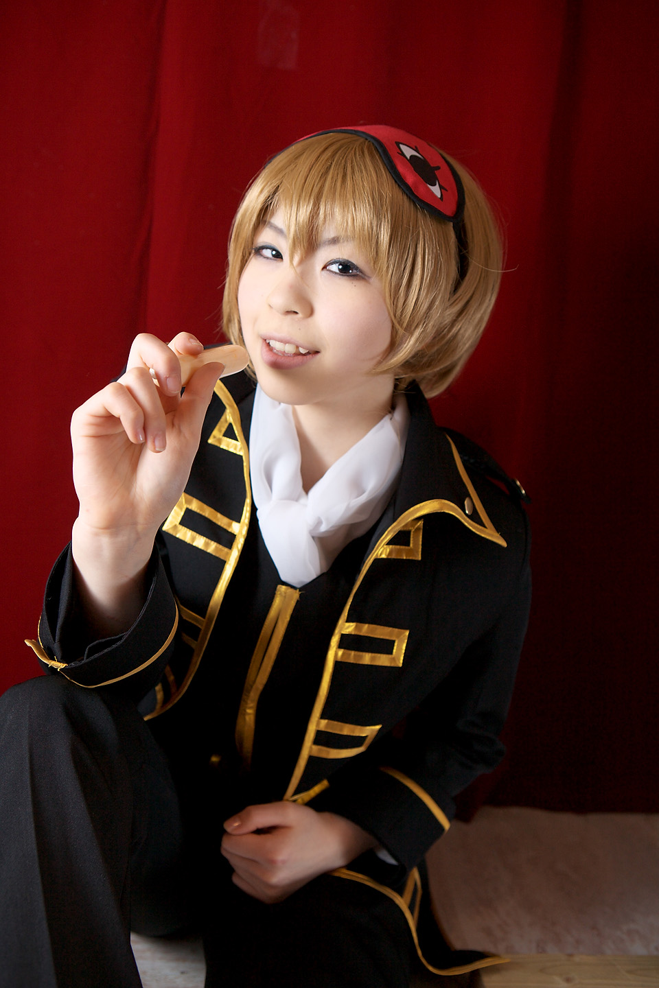katou mari, okita sougo, gintama, highres, photo (medium), blonde hair, cosplay, eye mask, food, sausage