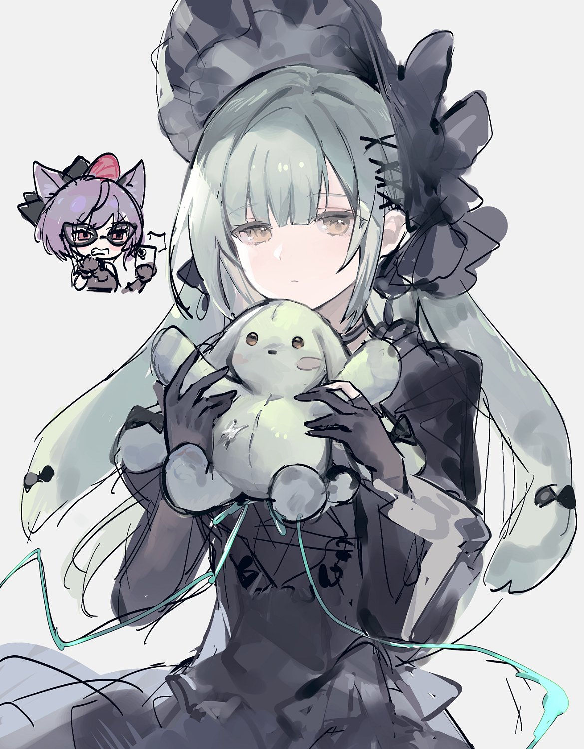 wakaba mutsumi, yuutenji nyamu, arknights, bang dream!, bang dream! it's mygo!!!!!, highres, 1girl, 2girls, animal ears, annoyed, black bonnet, black dress, black gloves, blunt bangs, bonnet, cat ears, cat girl, chibi, chibi inset, closed mouth, cowboy shot, dress, floppy ears, gloves, gothic lolita, green hair, grey background, hair ornament, hands up, holding, holding stuffed toy, lolita fashion, long hair, long sleeves, looking at viewer, multiple girls, official alternate costume, purple hair, rabbit ears, rabbit girl, short hair, sidelocks, solo focus, standing, stuffed animal, stuffed rabbit, stuffed toy, wakaba mutsumi (marionette's id), x hair ornament, yao kkkrrr, yellow eyes, yuutenji nyamu (magician of passion)