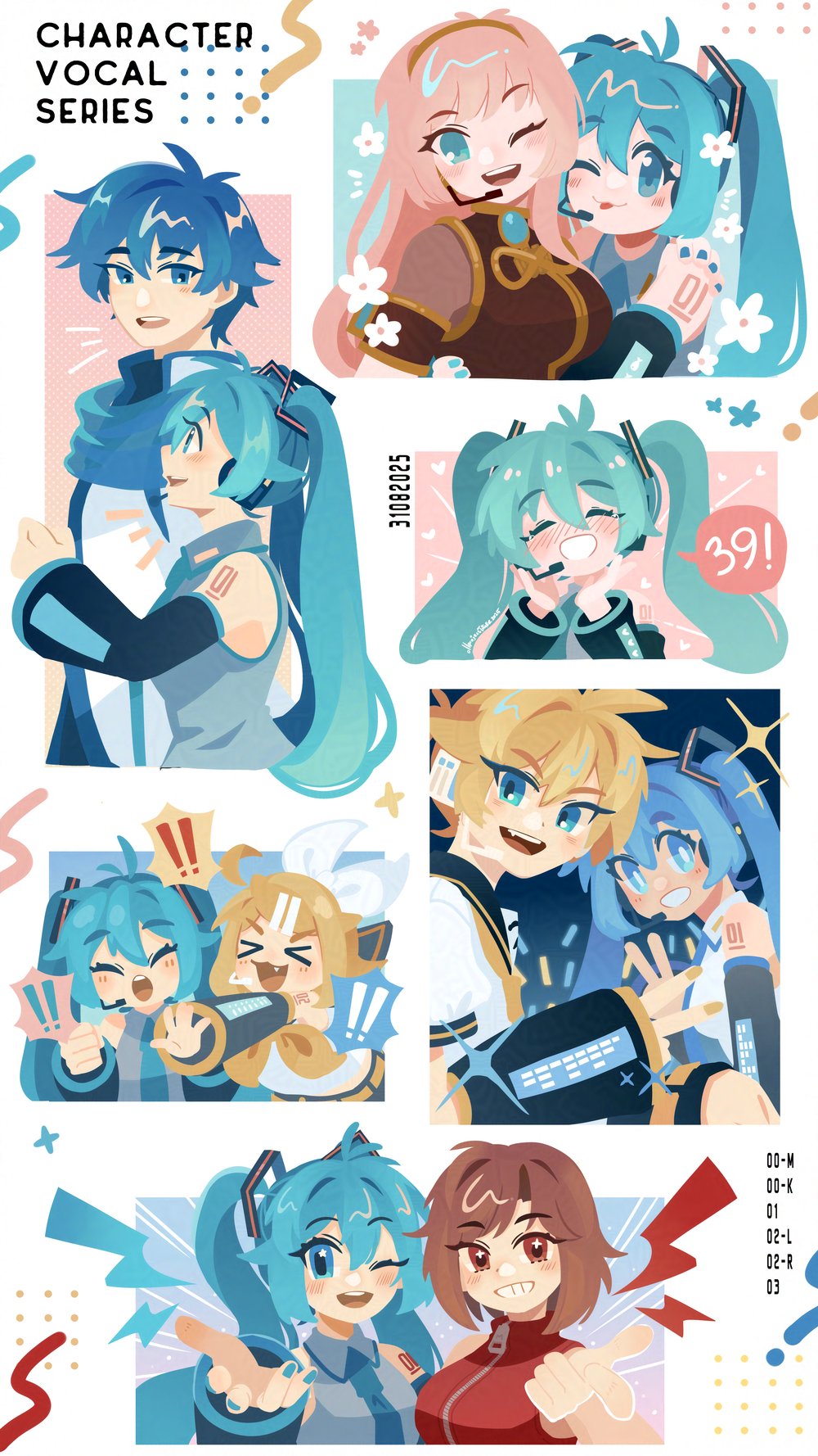 projecttiger, hatsune miku, kagamine len, kagamine rin, kaito (vocaloid), megurine luka, meiko (vocaloid), vocaloid, commentary, highres, !, !!, > <, 2boys, 39, 4girls, ;d, ^ ^, aqua eyes, aqua hair, arm tattoo, black sailor collar, black sleeves, blonde hair, blue brooch, blue eyes, blue hair, blue nails, blue scarf, bow, breasts, brown eyes, brown hair, closed eyes, collared shirt, detached sleeves, english text, flower, grey shirt, hair bow, headset, long hair, long sleeves, multiple boys, multiple girls, neckerchief, number tattoo, one eye closed, open mouth, pink hair, sailor collar, scarf, shirt, sleeveless, sleeveless shirt, smile, speech bubble, spiked hair, tattoo, teeth, tongue, twintails, upper teeth only, white bow, white flower, yellow neckerchief