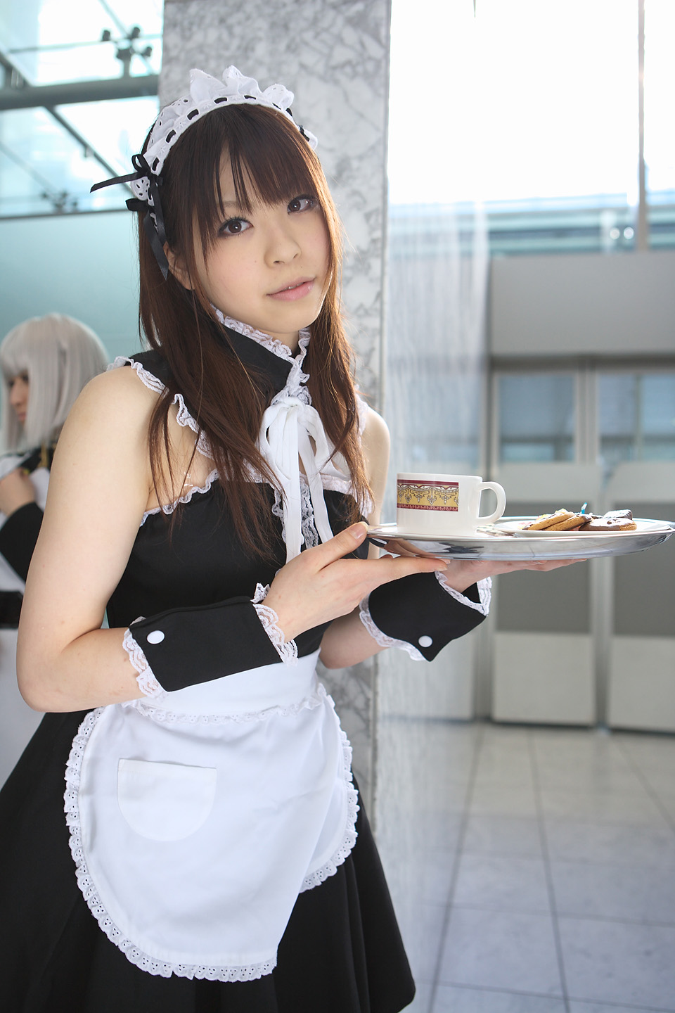 katou mari, highres, photo (medium), apron, cosplay, maid, maid apron, tray
