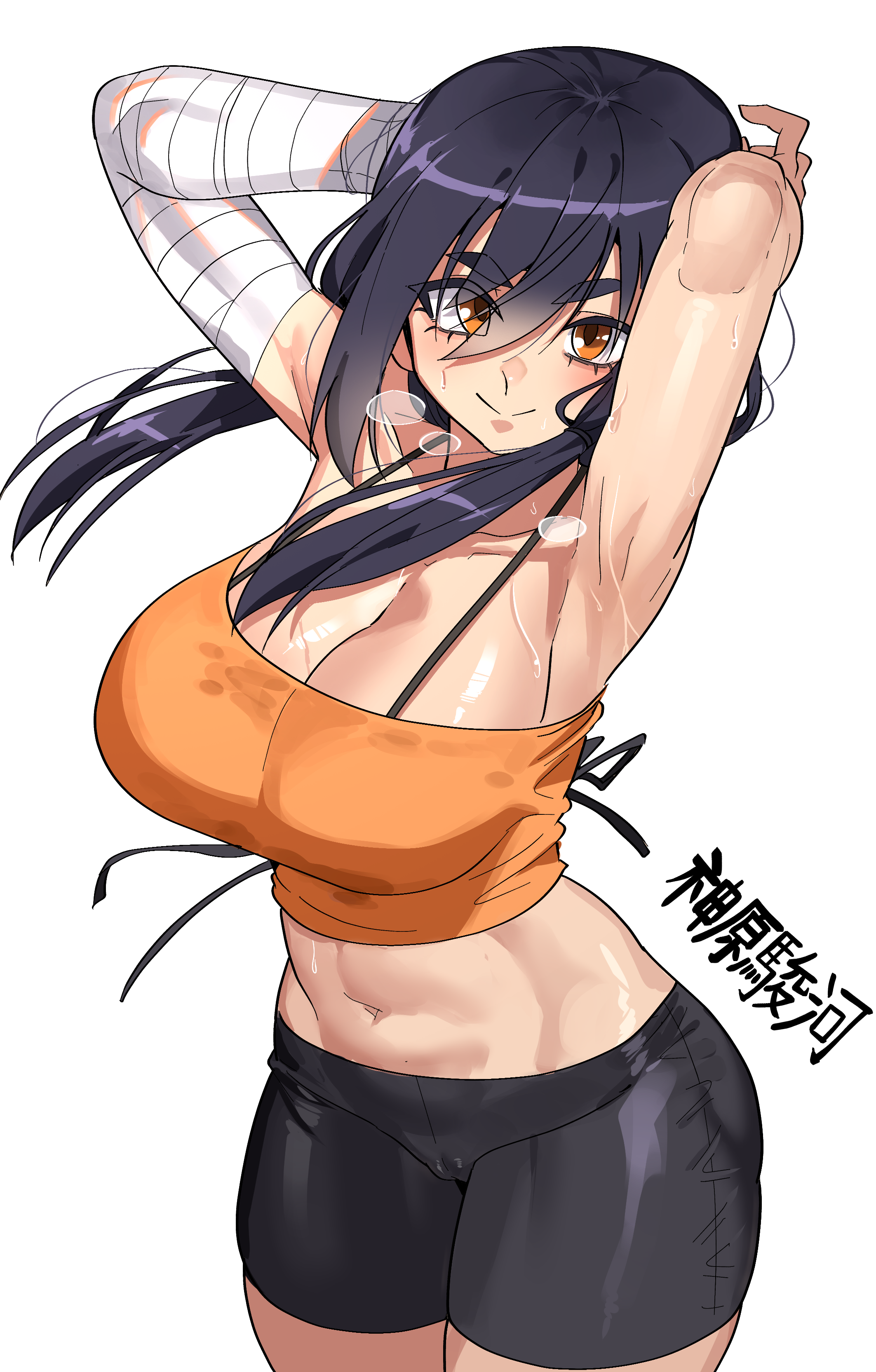 gamjasssak, kanbaru suruga, monogatari (series), absurdres, commission, highres, pixiv commission, 1girl, armpits, bandaged arm, bandages, breasts, character name, cleavage, large breasts, looking at viewer, midriff, muscular, navel, orange eyes, orange vest, purple hair, smile, solo, sweat, twintails, vest, white background