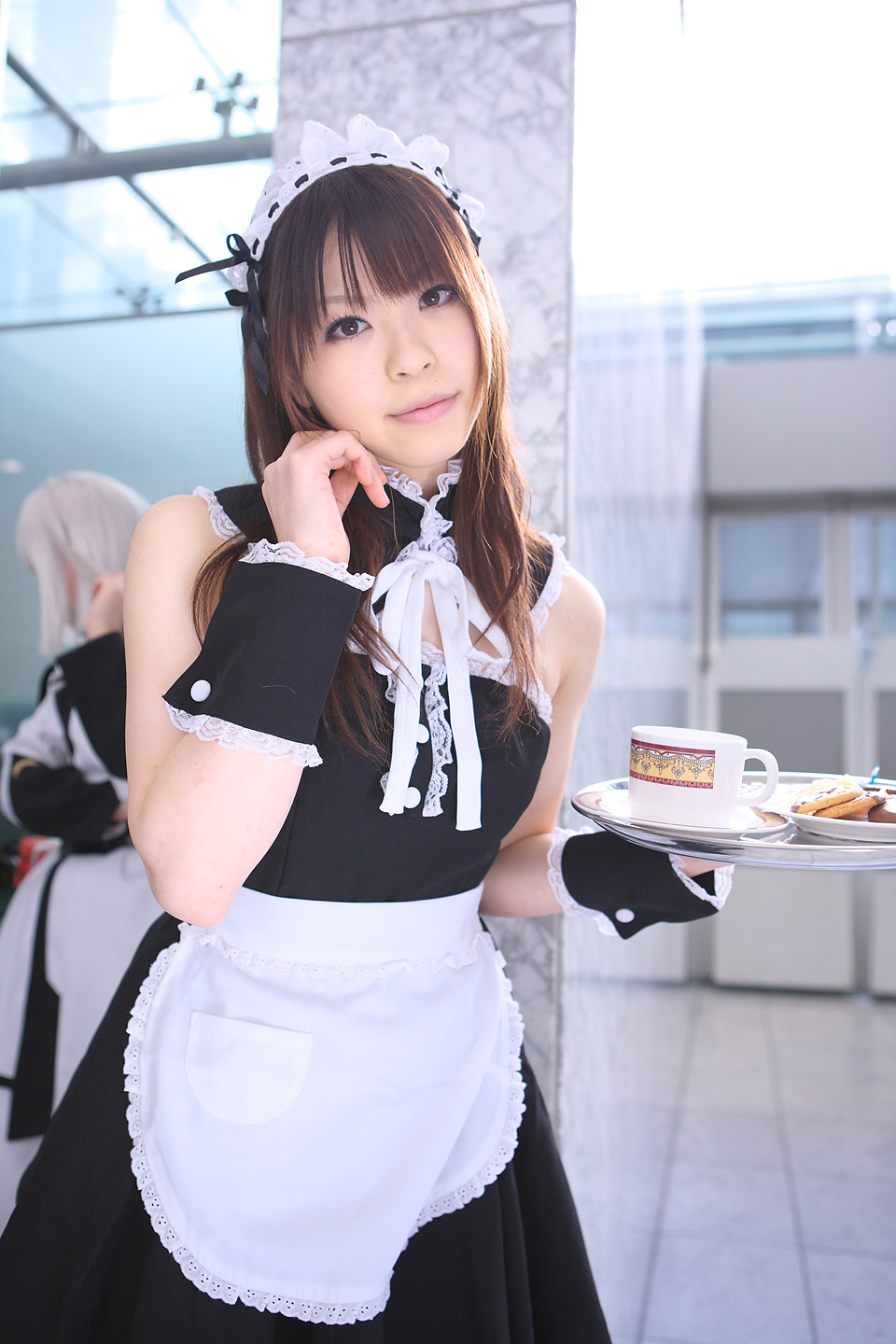katou mari, highres, photo (medium), apron, cosplay, maid, maid apron, tray