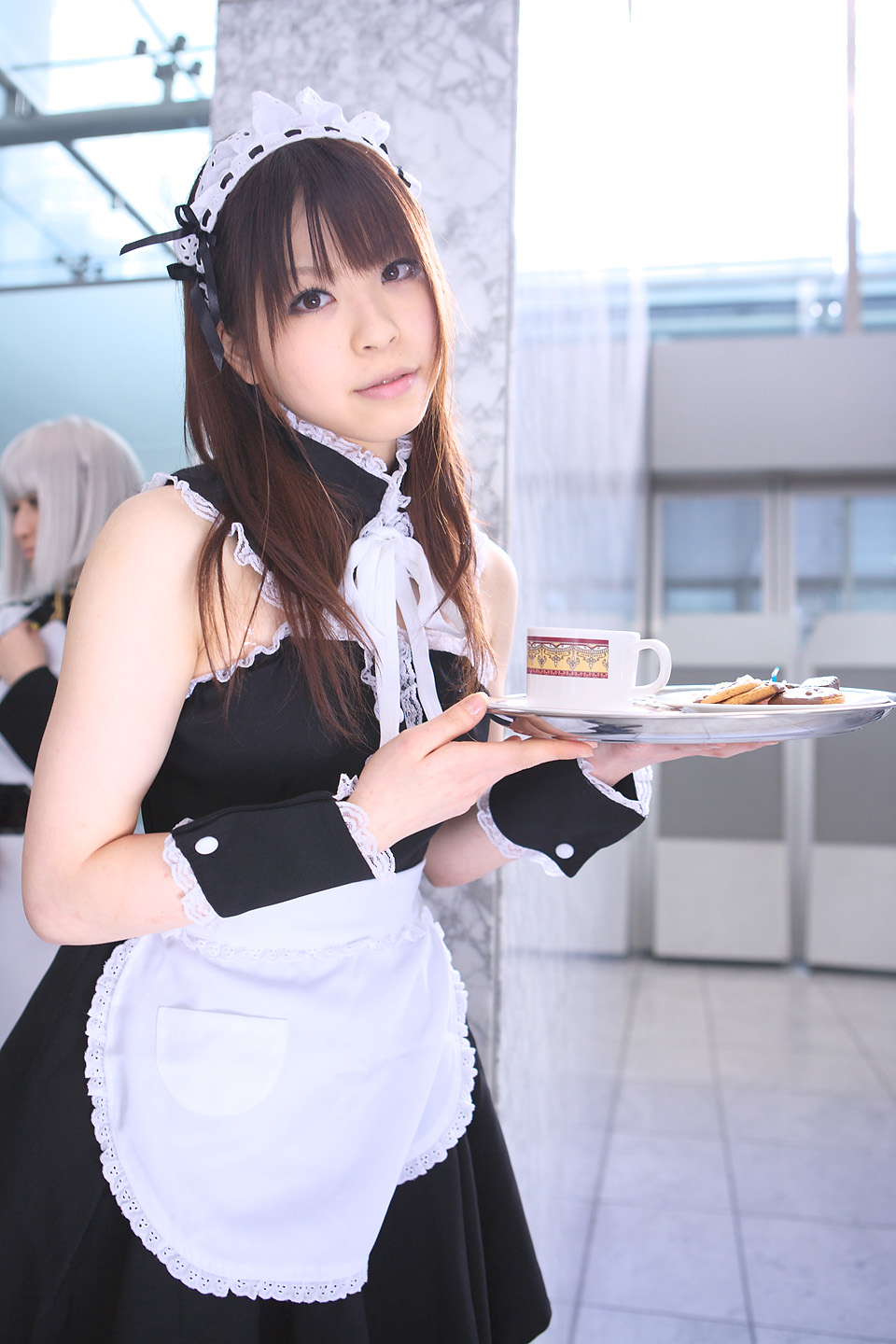katou mari, highres, photo (medium), apron, cosplay, maid, maid apron, tray