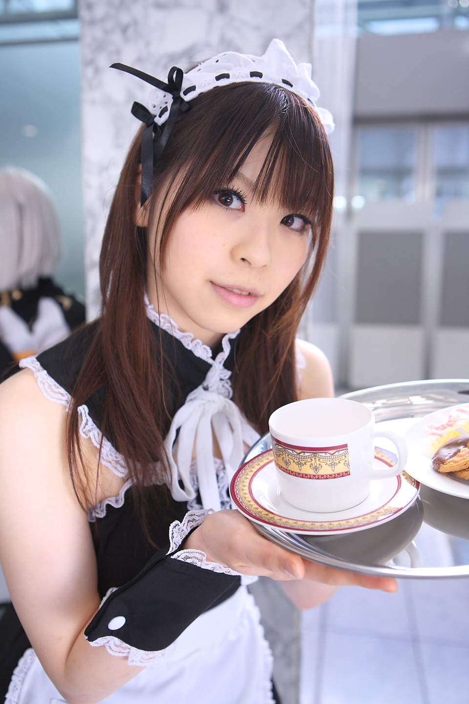 katou mari, highres, photo (medium), apron, cosplay, maid, maid apron, tray