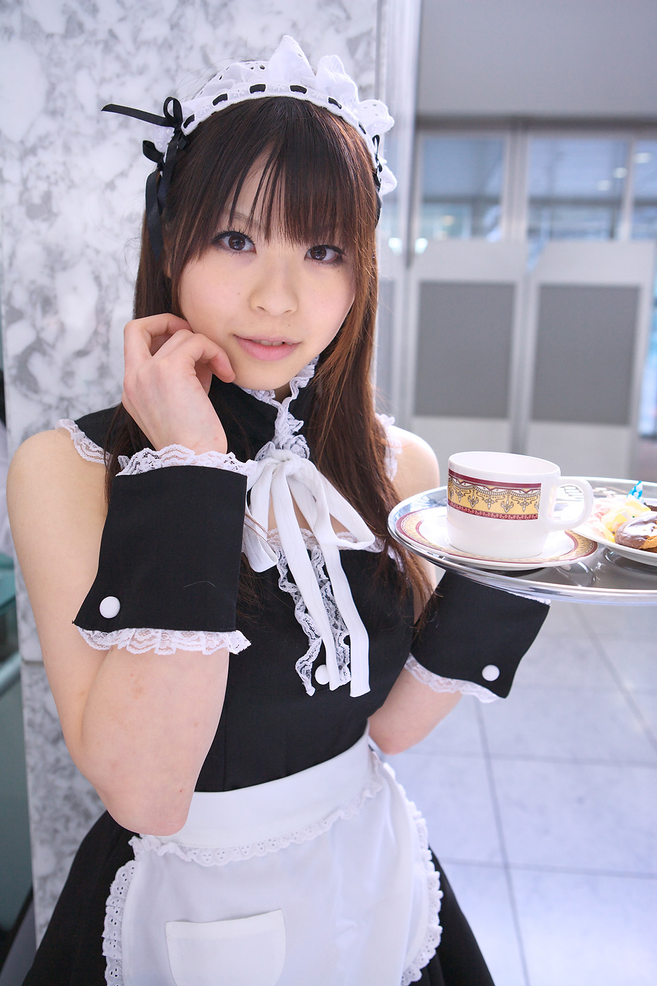 katou mari, highres, photo (medium), apron, cosplay, maid, maid apron, tray
