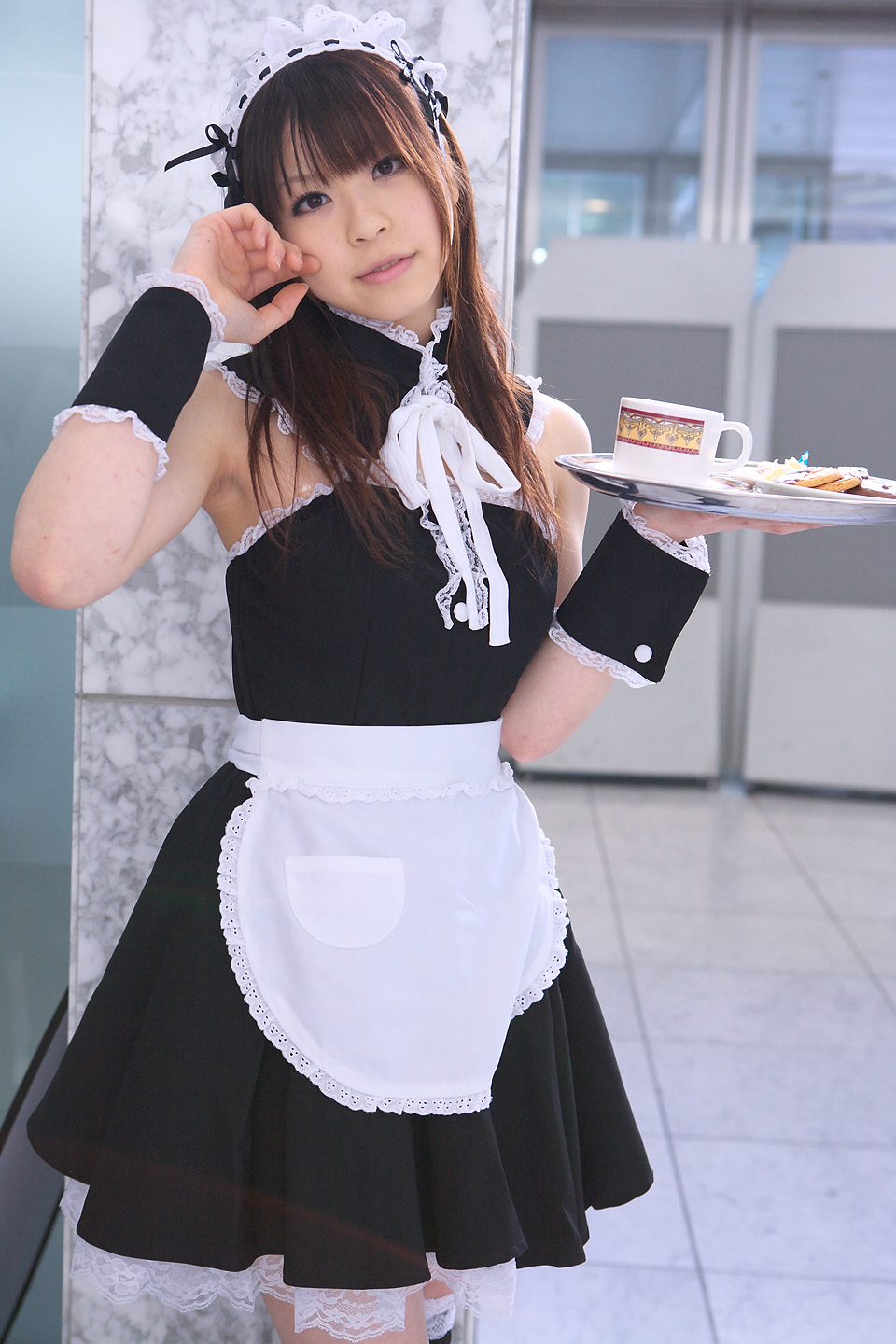 katou mari, highres, photo (medium), apron, cosplay, maid, maid apron, tray