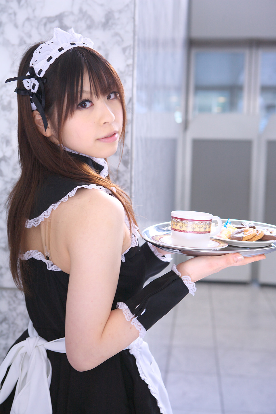 katou mari, highres, photo (medium), apron, cosplay, maid, maid apron, tray