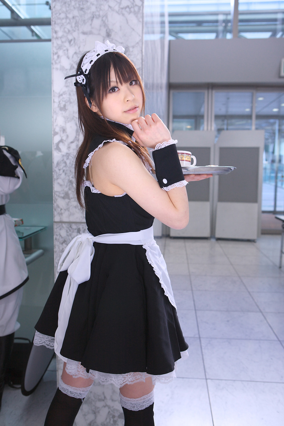 katou mari, highres, photo (medium), apron, cosplay, maid, maid apron, thighhighs, tray