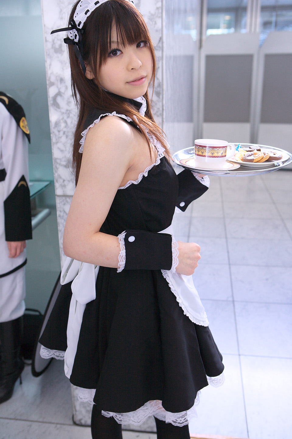 katou mari, highres, photo (medium), apron, cosplay, maid, maid apron, thighhighs, tray