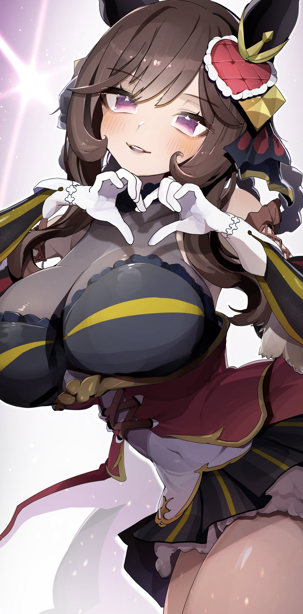 tamukoro, gentildonna (umamusume), umamusume, commentary request, highres, 1girl, animal ears, blush, braid, braided hair rings, breasts, brown hair, detached sleeves, ear ornament, gloves, hair ornament, hair rings, heart, heart hands, horse ears, horse girl, large breasts, long hair, looking at viewer, parted lips, red eyes, smile, solo, thighs, white gloves