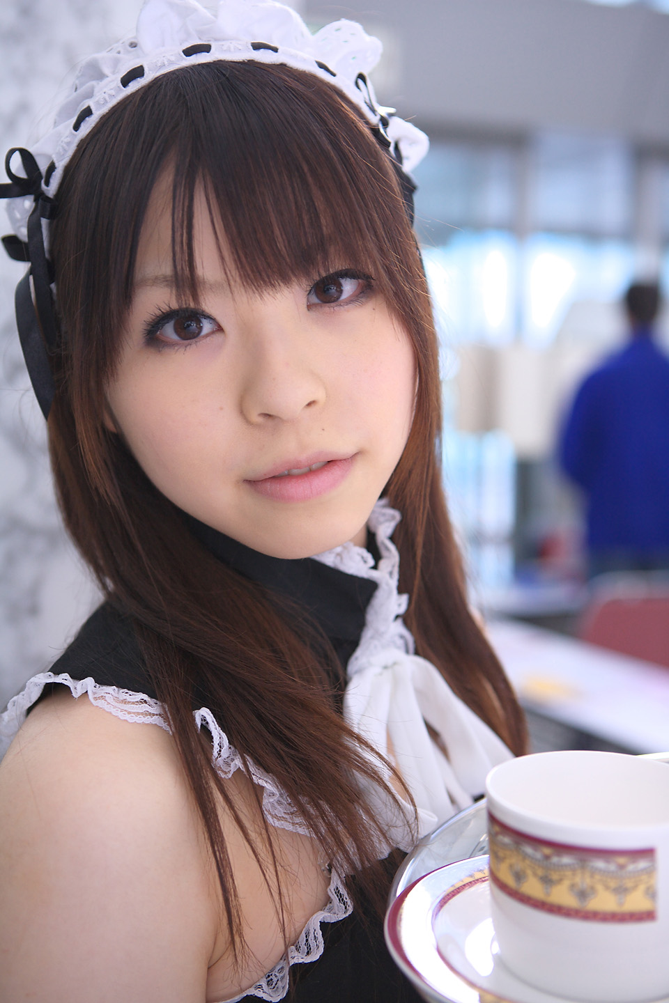 katou mari, highres, photo (medium), apron, cosplay, maid, maid apron, tray