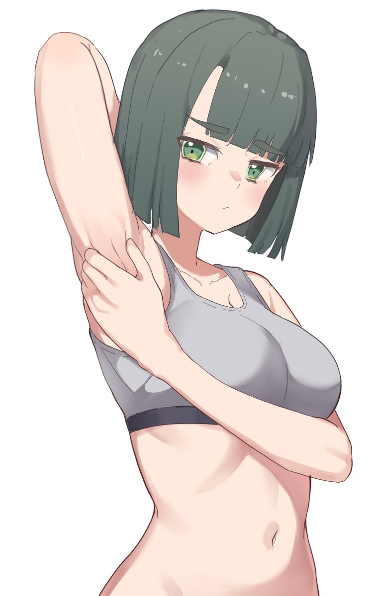 soyo1558686, momose ginko, link! like! love live!, love live!, commentary, 1girl, :/, alternate costume, armpits, bare shoulders, blunt bangs, blunt ends, blush, bob cut, breasts, cleavage, closed mouth, collarbone, grabbing own armpit, green eyes, green hair, grey sports bra, large breasts, linea alba, navel, short hair, simple background, solo, sports bra, stomach, thick eyebrows, virtual youtuber, white background