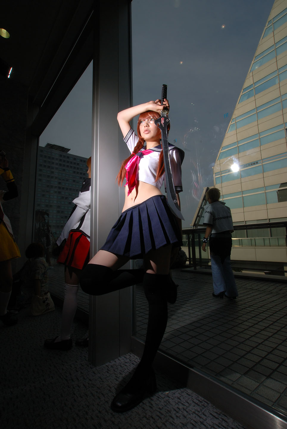 namada, arisugawa shii, the art of yamashita shunya, black footwear, black legwear, highres, photo (medium), 5girls, against glass, arisugawa shii (cosplay), asian, blue eyes, braid, brown hair, color contacts, contrapposto, cosplay, crop top, full body, glass wall, glasses, indoors, lensless glasses, long hair, looking at viewer, mary janes, miniskirt, multiple girls, navel, pleated skirt, reflection, rug, sailor, school uniform, serafuku, shoes, short sleeves, skirt, solo focus, standing, standing on one leg, sword, thighhighs, twin braids, weapon, window, zettai ryouiki
