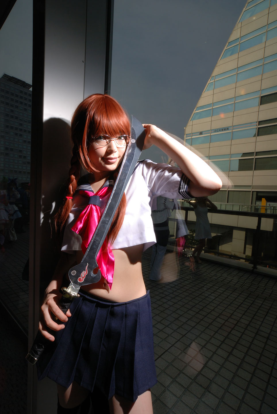 namada, arisugawa shii, the art of yamashita shunya, highres, photo (medium), 1girl, against glass, aqua eyes, arisugawa shii (cosplay), asian, black thighhighs, blue eyes, blurry, braid, brown hair, color contacts, cosplay, crop top, depth of field, female focus, glasses, green eyes, indoors, lensless glasses, long hair, looking at viewer, midriff, miniskirt, pleated skirt, sailor, school uniform, serafuku, short sleeves, skirt, solo, standing, sword, thighhighs, twin braids, weapon, zettai ryouiki