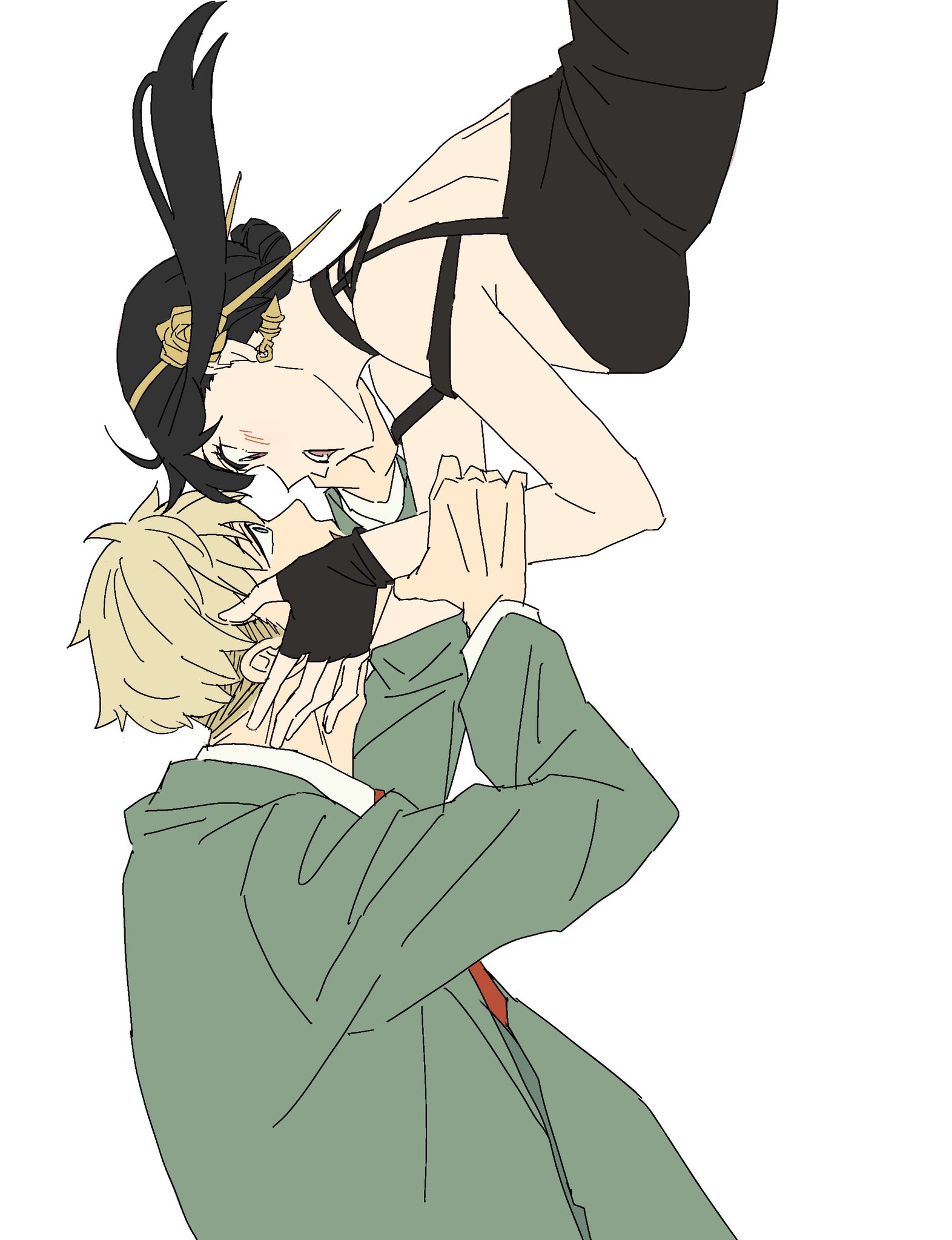 ayamame, twilight (spy x family), yor briar, spy x family, highres, 1boy, 1girl, black hair, blonde hair, collared shirt, dress, earrings, formal clothes, gold earrings, gold hairband, green suit, hairband, husband and wife, jacket, jewelry, long hair, open mouth, red eyes, shirt, short hair, sidelocks, smile, suit, suit jacket, two-sided dress, two-sided fabric, upper body, white background, white shirt