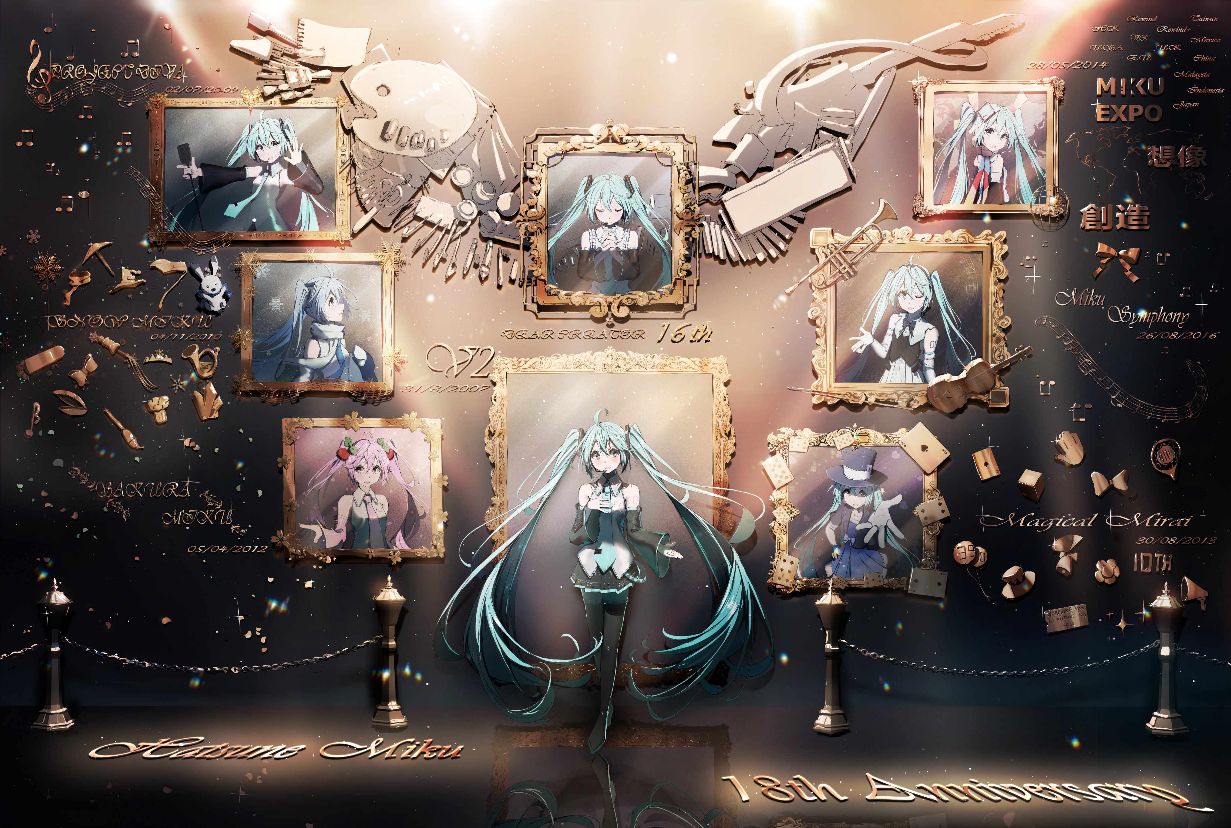masii1120, hatsune miku, magical mirai miku, magical mirai miku (2013), rabbit yukine, sakura miku, yuki miku, yuki miku (2011), magical mirai (vocaloid), miku symphony (vocaloid), vocaloid, absurdres, commentary, highres, 1girl, anniversary, aqua eyes, aqua hair, aqua necktie, arm tattoo, black shoes, black skirt, black sleeves, blue dress, blue hair, blue hat, cherry hair ornament, collared shirt, detached sleeves, dress, food-themed hair ornament, full body, gloves, glowing, grey shirt, hair ornament, hat, hatsune miku expo, hatsune miku happy 16th birthday -dear creators-, long hair, long sleeves, microphone, multiple persona, necktie, number tattoo, outstretched arm, pink hair, pink necktie, pink sleeves, pleated skirt, profile, reflection, scarf, shirt, shoes, skirt, sleeveless, sleeveless shirt, tattoo, tie clip, timestamp, top hat, twintails, very long hair, white gloves, white scarf