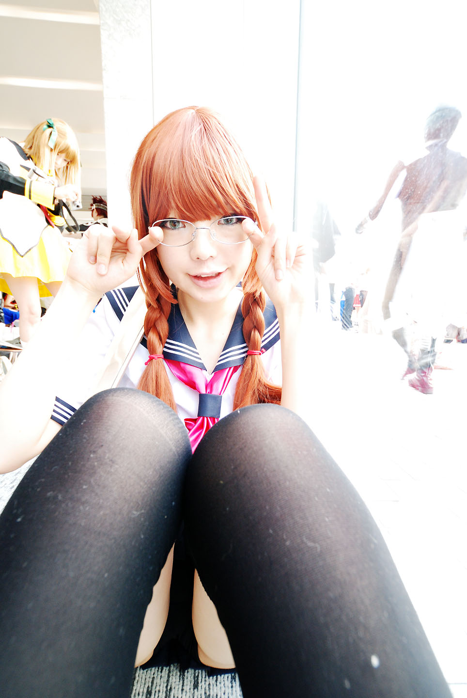 namada, arisugawa shii, the art of yamashita shunya, black legwear, highres, photo (medium), 2girls, aqua eyes, arisugawa shii (cosplay), asian, blue eyes, blurry, braid, brown hair, color contacts, cosplay, crop top, depth of field, glasses, green eyes, lensless glasses, long hair, looking at viewer, midriff, miniskirt, multiple girls, on floor, pleated skirt, rug, sailor, school uniform, serafuku, short sleeves, sitting, skirt, solo focus, sword, thighhighs, twin braids, weapon, zettai ryouiki