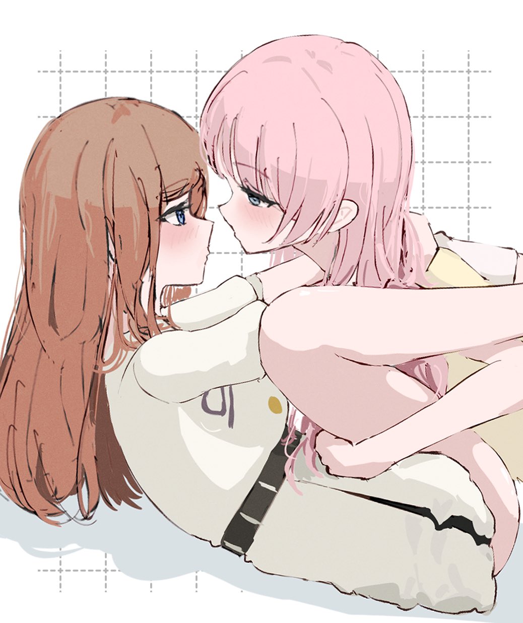opuricheri, chihaya anon, nagasaki soyo, bang dream!, bang dream! it's mygo!!!!!, commentary request, highres, 2girls, blue eyes, brown hair, eye contact, grey eyes, long hair, looking at another, multiple girls, pink hair, school uniform, short sleeves, sidelocks, tsukinomori school uniform, white background, yuri