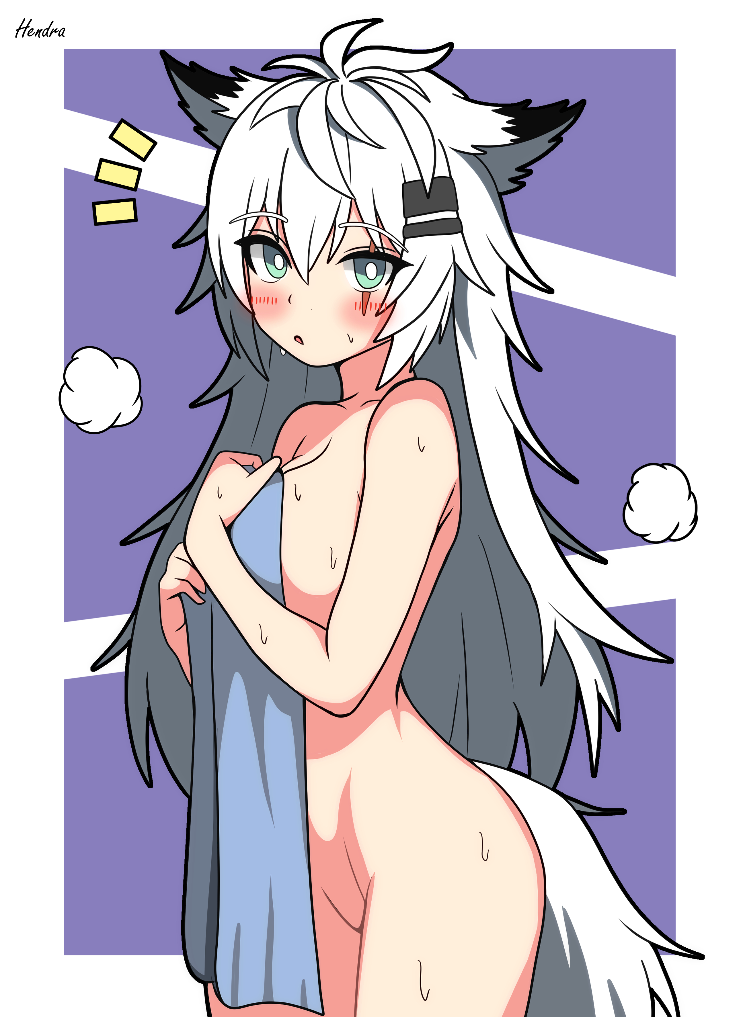 hendra, lappland (arknights), arknights, absurdres, highres, 1girl, animal ears, blush, breasts, hair ornament, hairclip, long hair, looking at viewer, medium breasts, nude, scar, solo, tail, towel, white hair, wolf ears, wolf girl, wolf tail