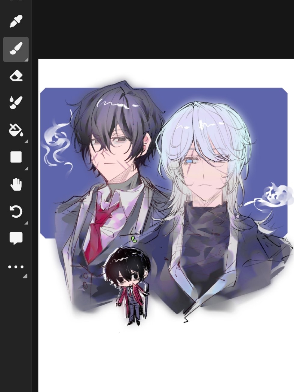 faust (project moon), yi sang (project moon), limbus company, project moon, highres, 1boy, 1girl, black coat, black eyes, black hair, black shirt, blade lineage (identity) (project moon), blue eyes, coat, collared shirt, hoy427552532295, necktie, red necktie, shirt, short hair, turtleneck, turtleneck shirt, white hair, white shirt