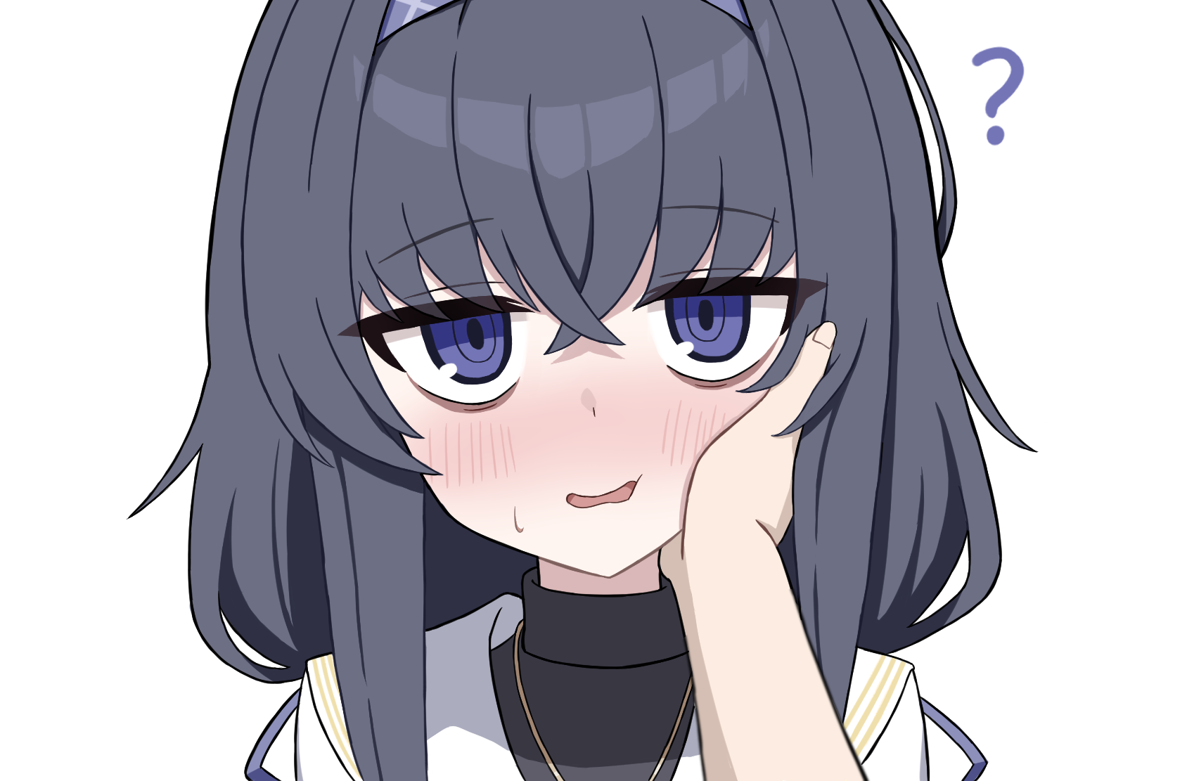 ui (blue archive), blue archive, commentary request, highres, 1girl, 1other, ?, applique (appu lique), bags under eyes, black hair, blush, crossed bangs, hair between eyes, hairband, hand on another's cheek, hand on another's face, jewelry, looking at viewer, necklace, open mouth, pov, pov hands, purple eyes, purple hairband, sailor collar, simple background, solo focus, sweatdrop, turtleneck, undershirt, white background, white sailor collar