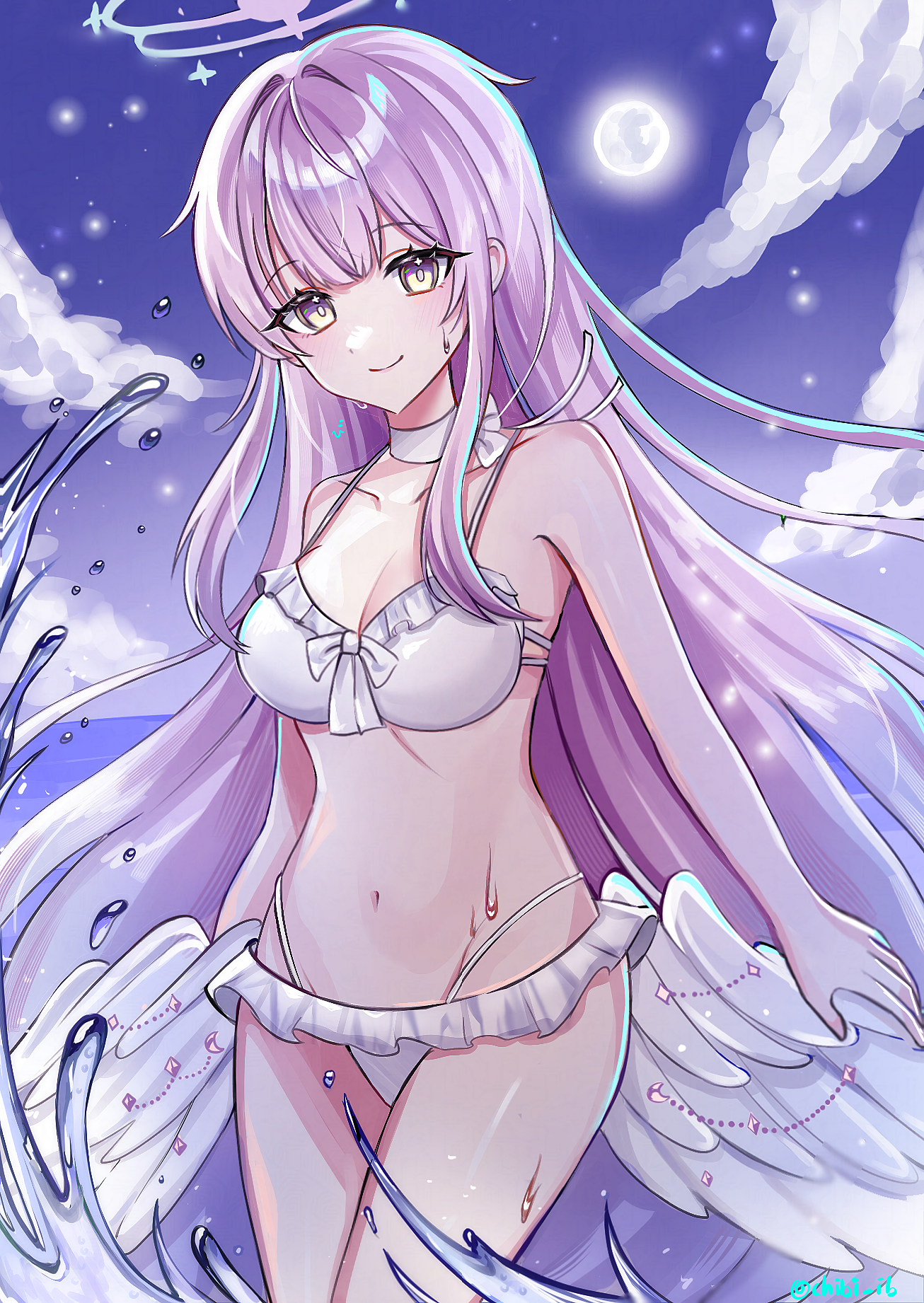 chibi ib, mika (blue archive), mika (swimsuit) (blue archive), blue archive, highres, 1girl, angel wings, bare shoulders, bikini, blush, breasts, choker, cleavage, closed mouth, collarbone, feathered wings, frilled bikini, frills, full moon, halo, long hair, looking at viewer, low wings, moon, navel, official alternate costume, official alternate hairstyle, pink hair, pink halo, smile, solo, stomach, swimsuit, very long hair, water, wet, white bikini, white choker, white wings, wing ornament, wings, yellow eyes