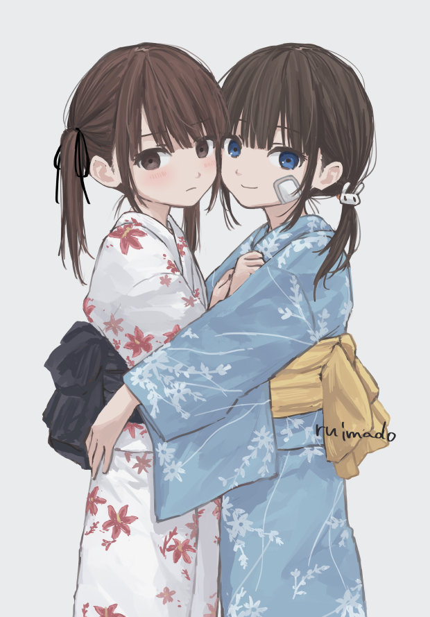 ruimado, original, 2girls, blue eyes, blush, brown eyes, brown hair, floral print, japanese clothes, kimono, looking at viewer, multiple girls, print kimono, sash, smile, twintails, yukata, yuri