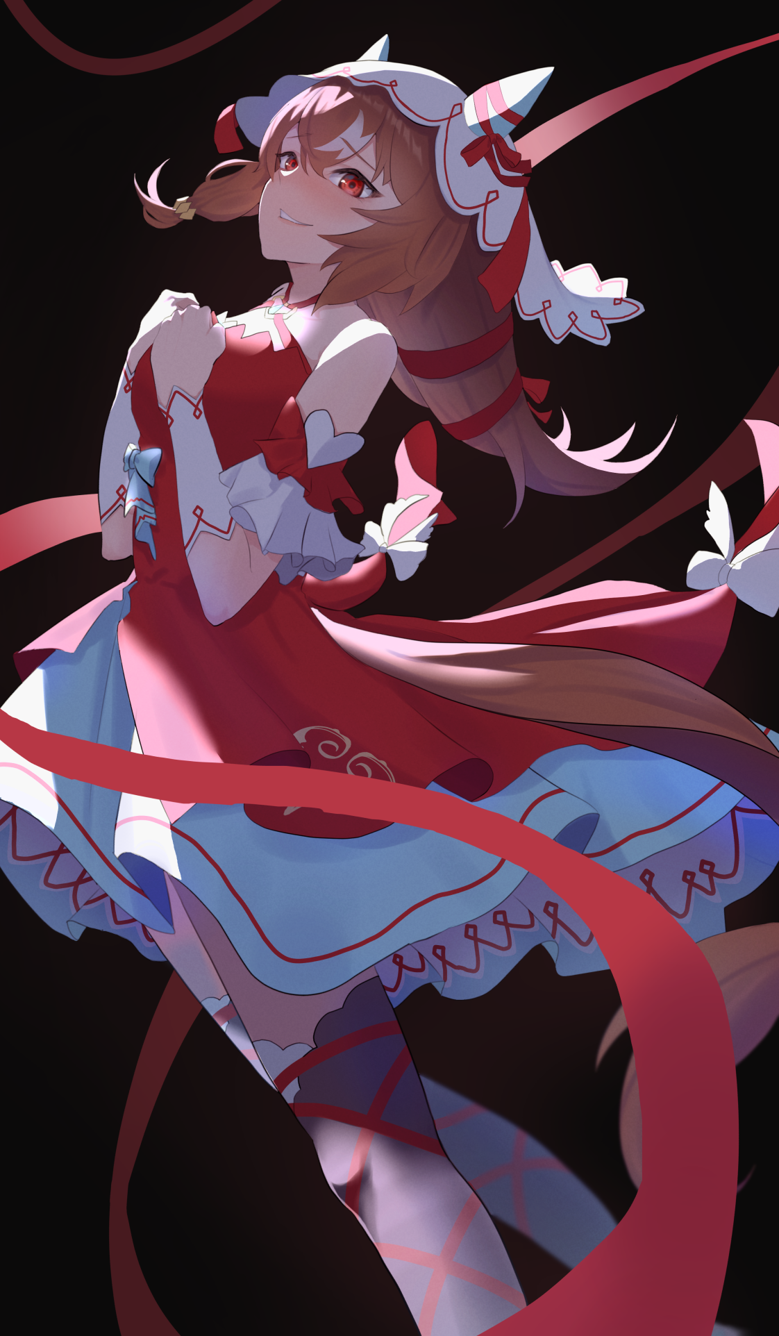 y3 (user heyx5852), still in love (umamusume), umamusume, highres, 1girl, animal ears, bare shoulders, black thighhighs, blush, brown hair, detached sleeves, dress, hair between eyes, horse ears, horse girl, horse tail, long hair, parted lips, red dress, red eyes, smile, solo, tail, thighhighs, veil, white veil
