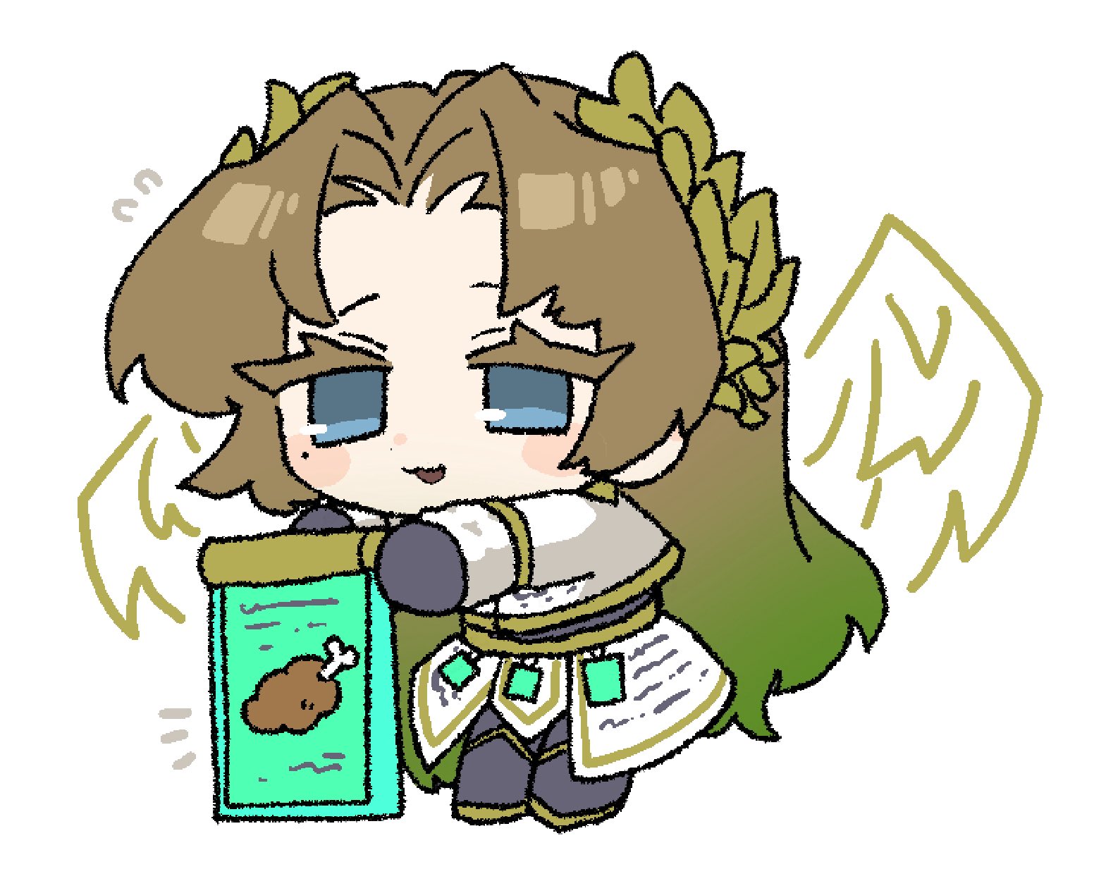 nantekottawo!!, rodion (project moon), limbus company, project moon, highres, 1girl, :d, black boots, blue eyes, boots, brown hair, chibi, e.g.o (project moon), gold trim, hair intakes, jacket, long hair, open mouth, pursuance (e.g.o), simple background, skirt, smile, solo, very long hair, white background, white jacket, white skirt, white wings, wings