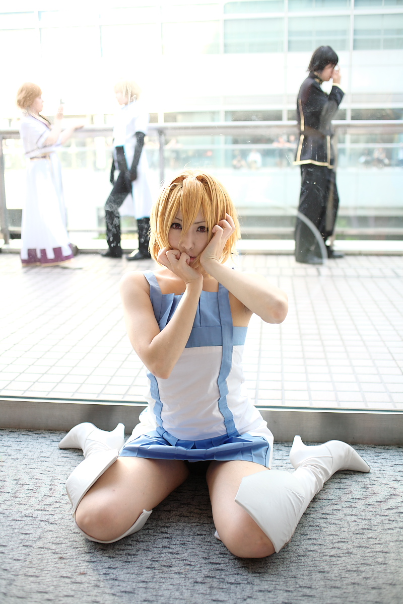 stellar loussier, gundam, gundam seed, gundam seed destiny, highres, photo (medium), source request, blonde hair, boots, cosplay, stellar loussier (cosplay), tsukiichi