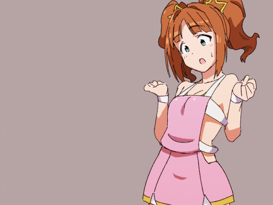 momo no suidou-sui, takatsuki yayoi, idolmaster, idolmaster (classic), animated, animated gif, commentary request, 1girl, alternate breast size (larger), blush, breast expansion, breasts, brown background, covered erect nipples, gigantic breasts, green eyes, hair ornament, hands up, lactation, lactation through clothes, looking down, luxury (idolmaster), orange hair, pink diamond 765 (idolmaster), projectile lactation, simple background, solo, standing, star (symbol), star hair ornament, sweatdrop, twintails